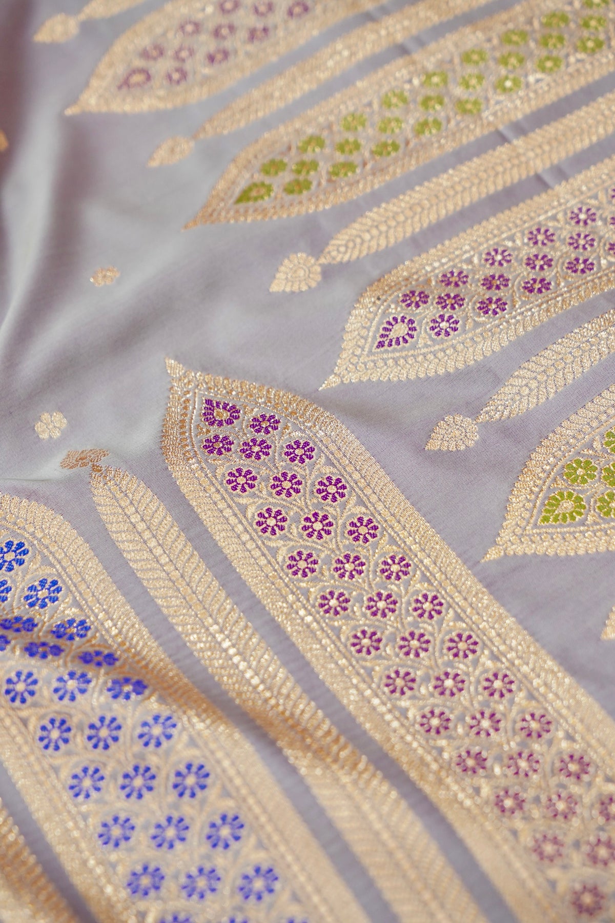 Saadgi - Lavender Grey Pure Katan Silk Saree with Multicolor Meenakari Border