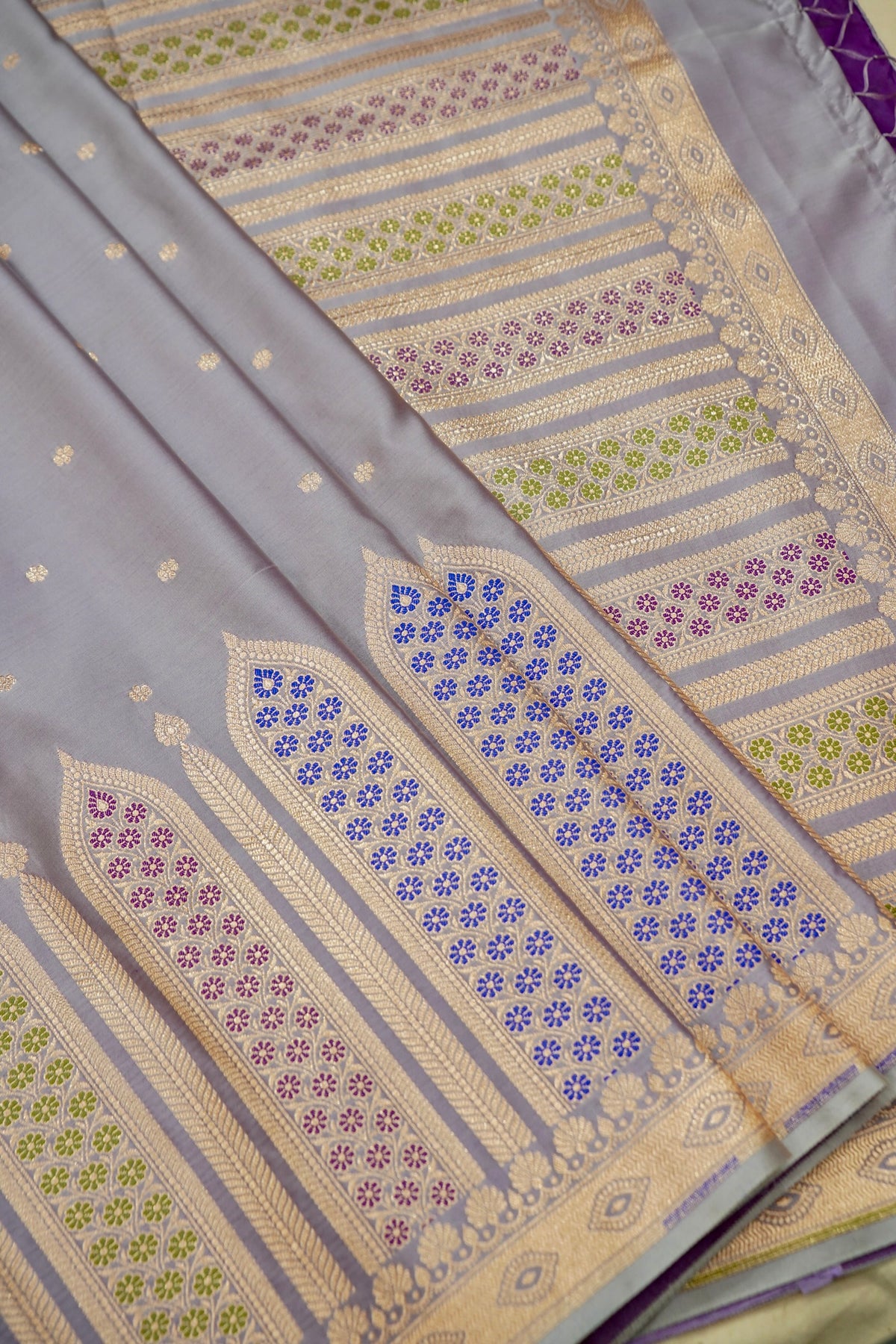 Saadgi - Lavender Grey Pure Katan Silk Saree with Multicolor Meenakari Border