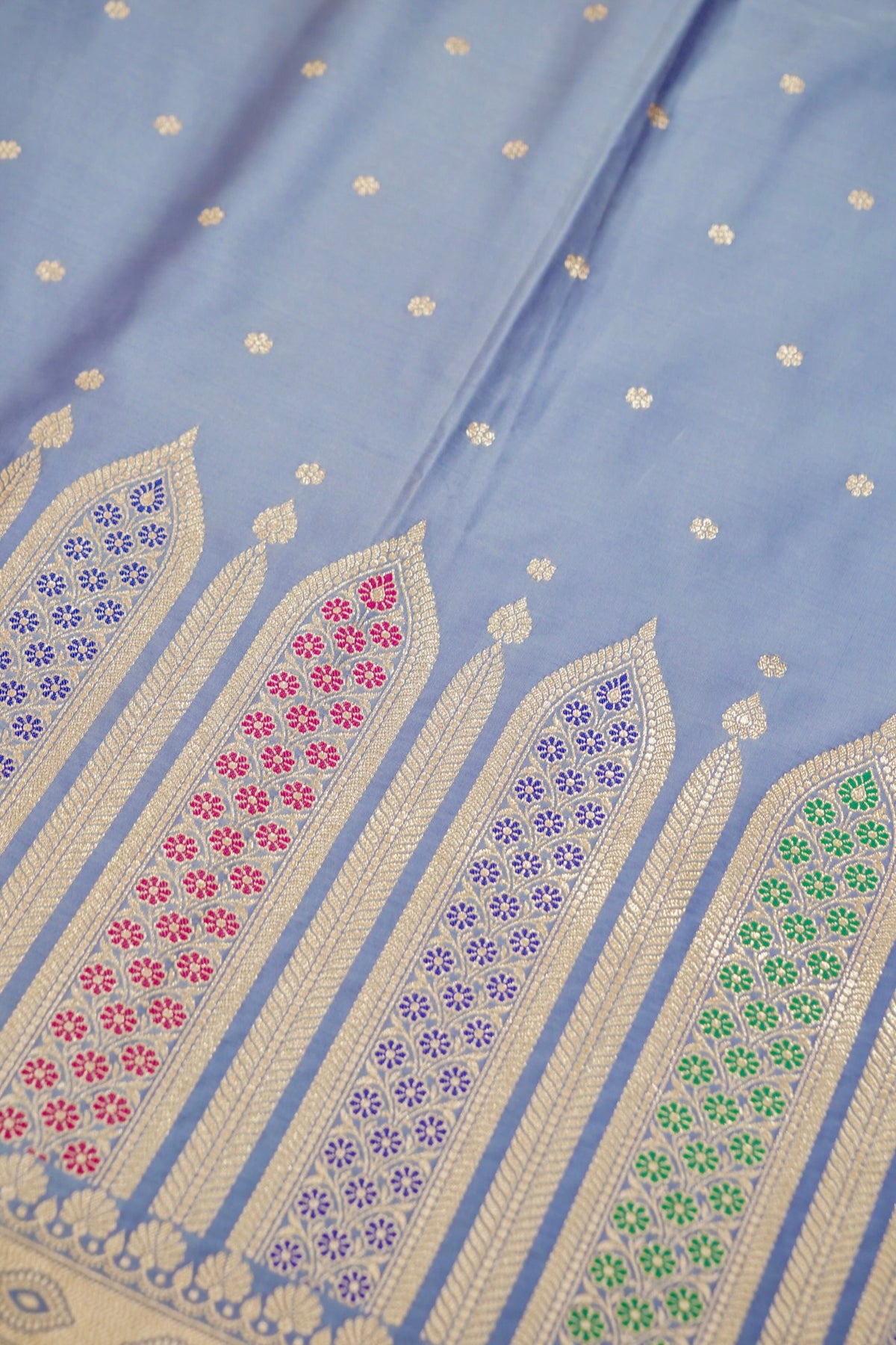 Saadgi - Periwinkle Blue Pure Katan Silk Saree with Multicolor Meenakari Border