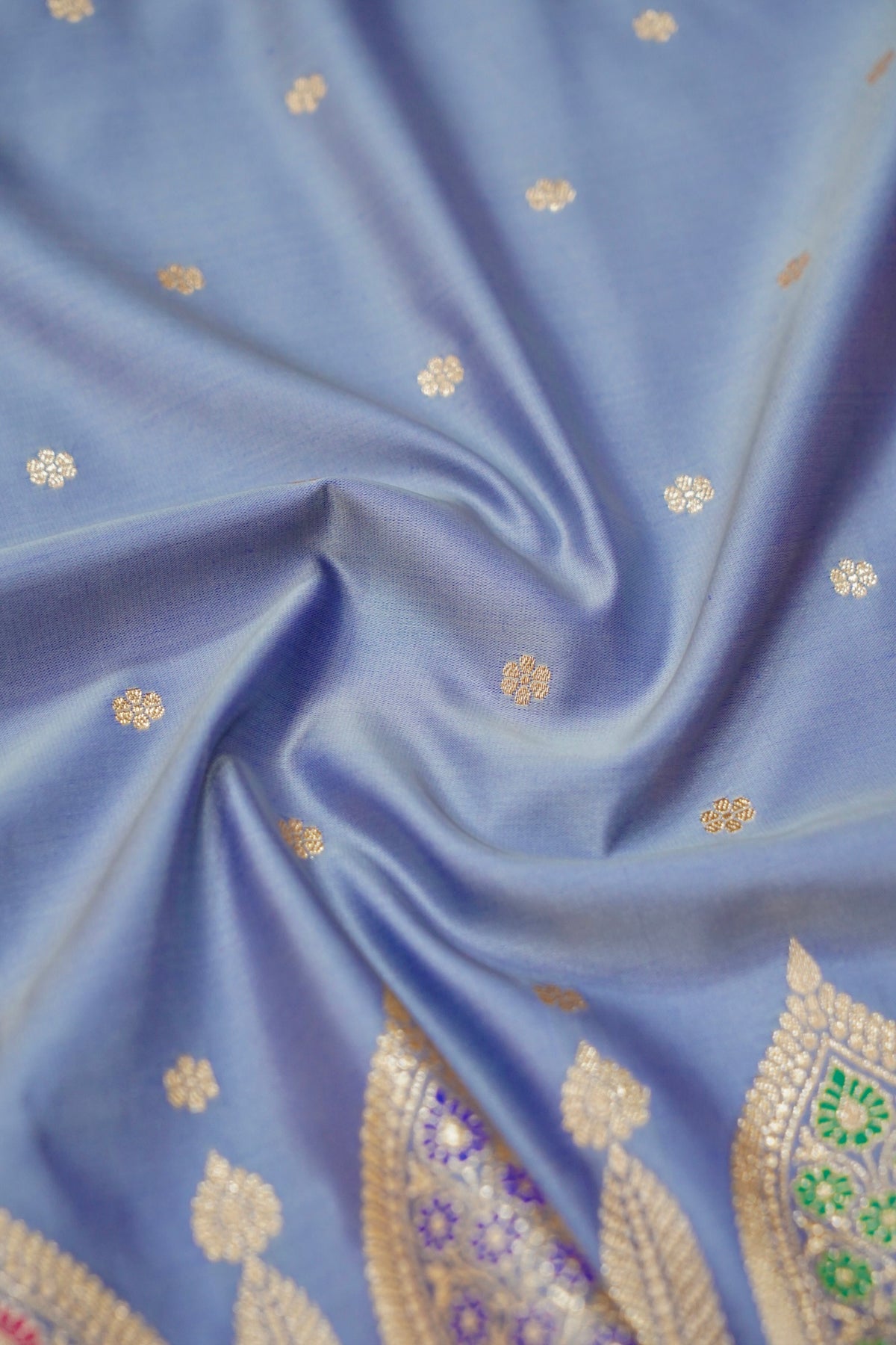 Saadgi - Periwinkle Blue Pure Katan Silk Saree with Multicolor Meenakari Border