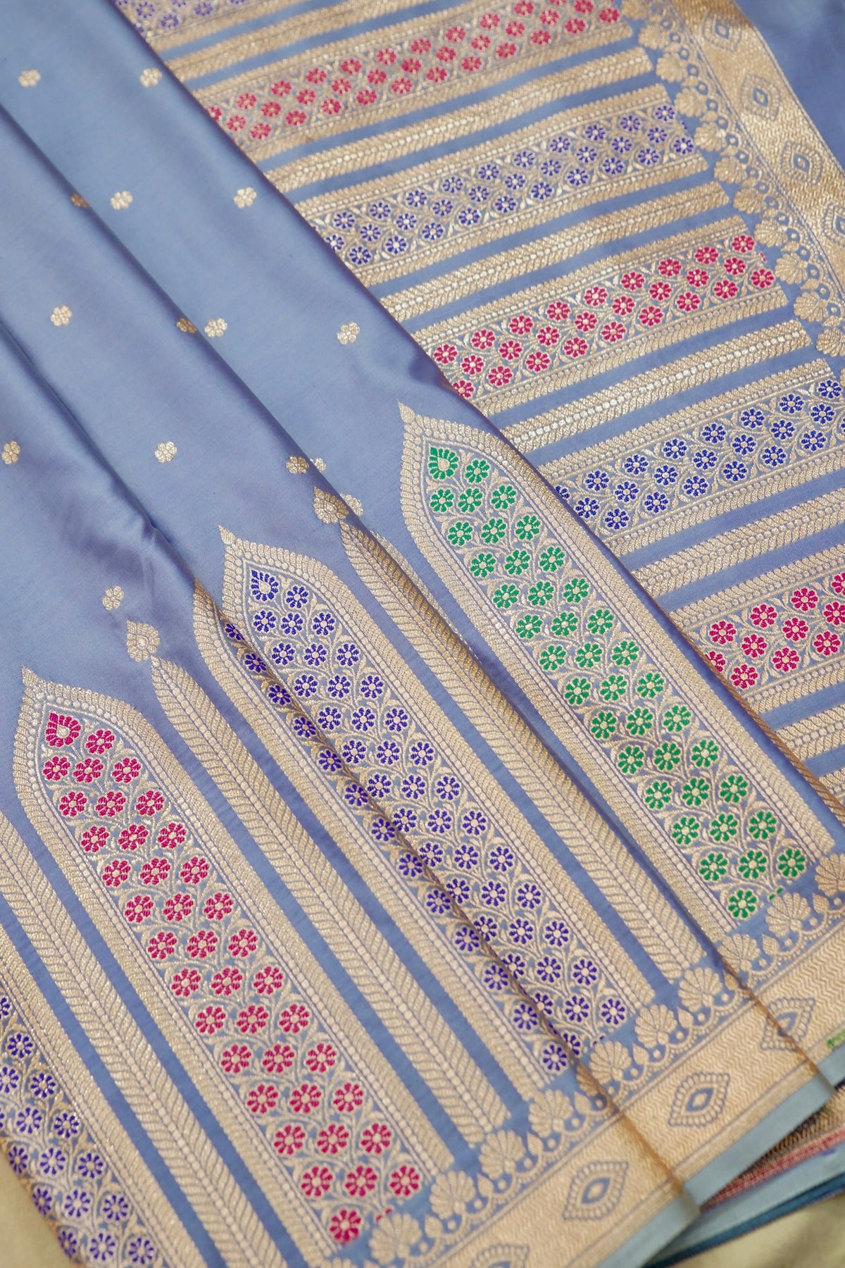 Saadgi - Periwinkle Blue Pure Katan Silk Saree with Multicolor Meenakari Border