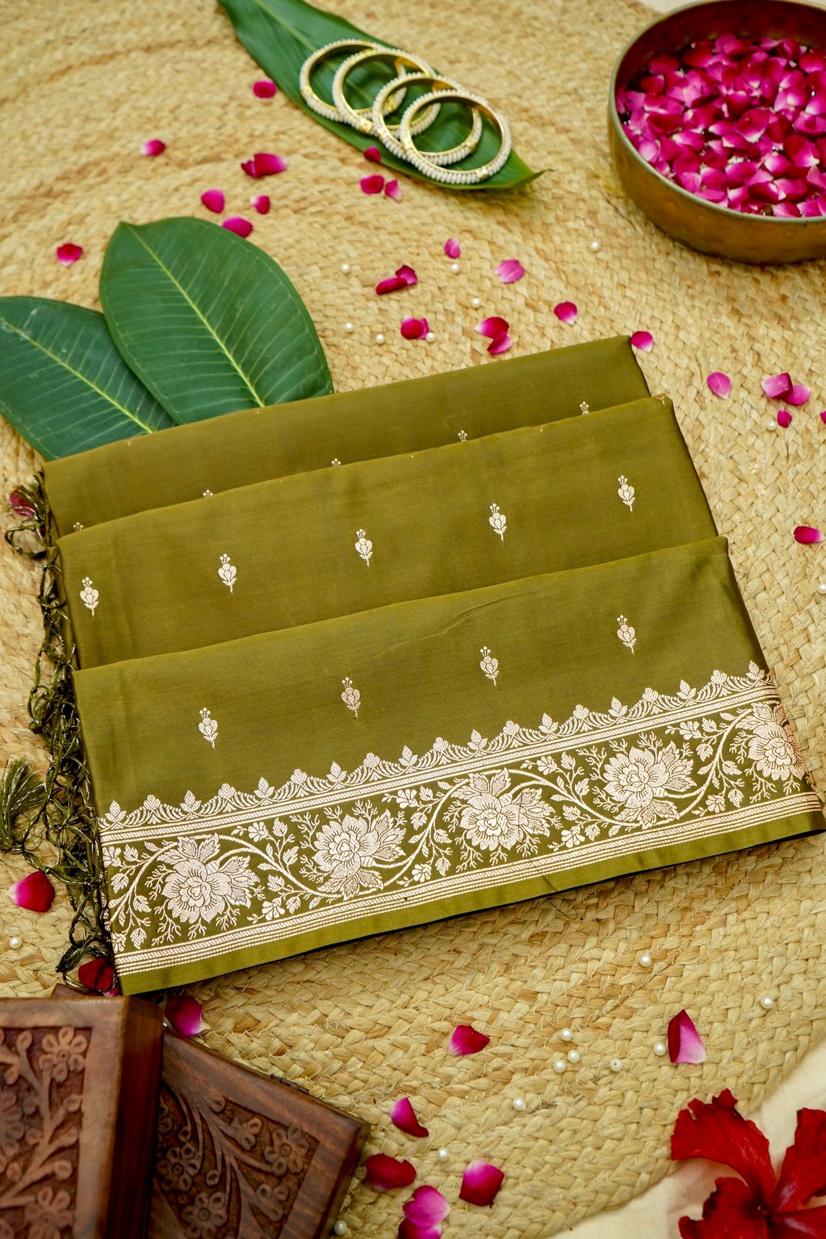 Kruti - Pure Katan Silk Saree in Olive Green