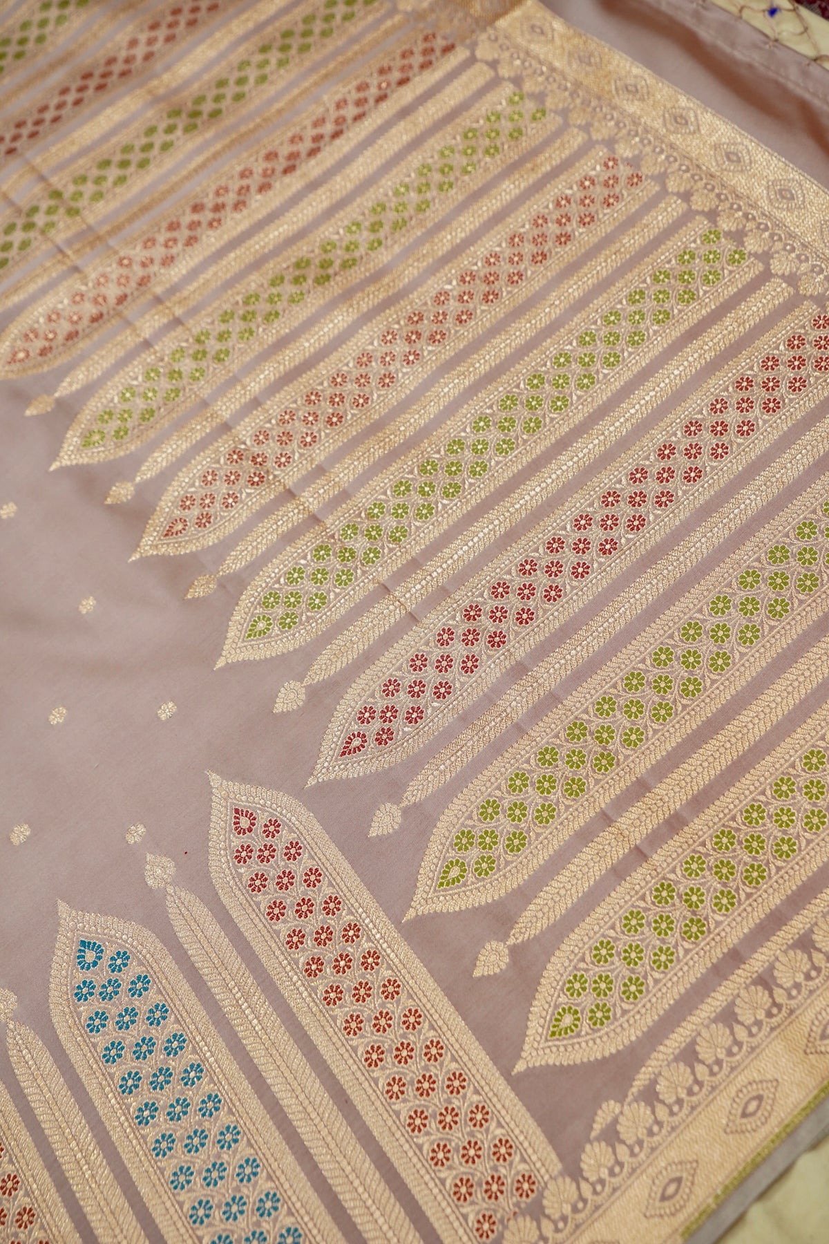 Saadgi - Rose Taupe Pure Katan Silk Saree with Multicolor Meenakari Border