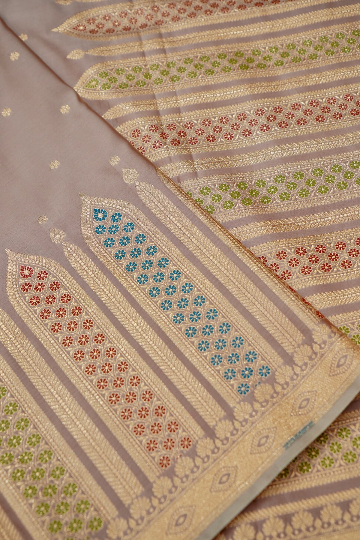 Saadgi - Rose Taupe Pure Katan Silk Saree with Multicolor Meenakari Border