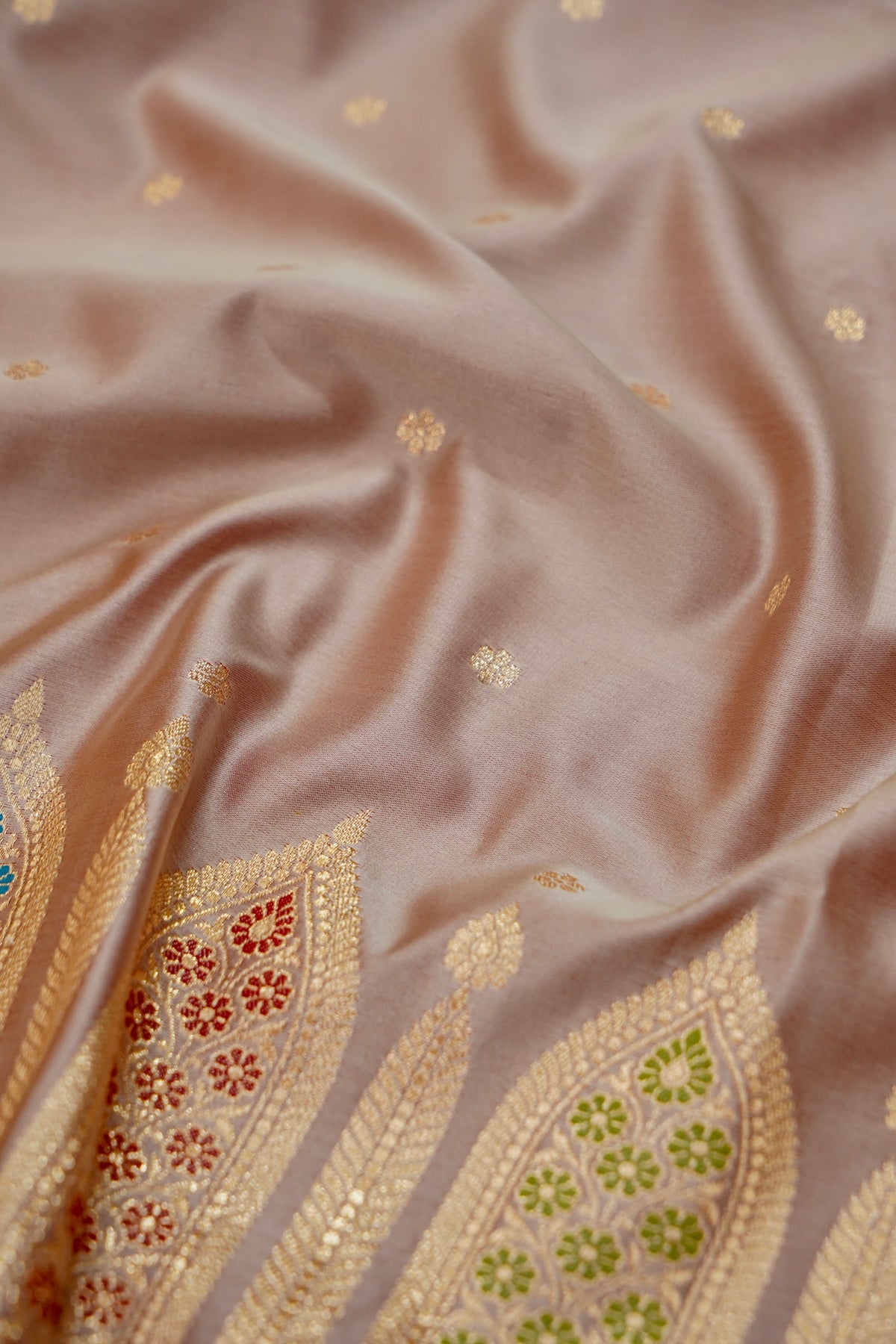 Saadgi - Rose Taupe Pure Katan Silk Saree with Multicolor Meenakari Border