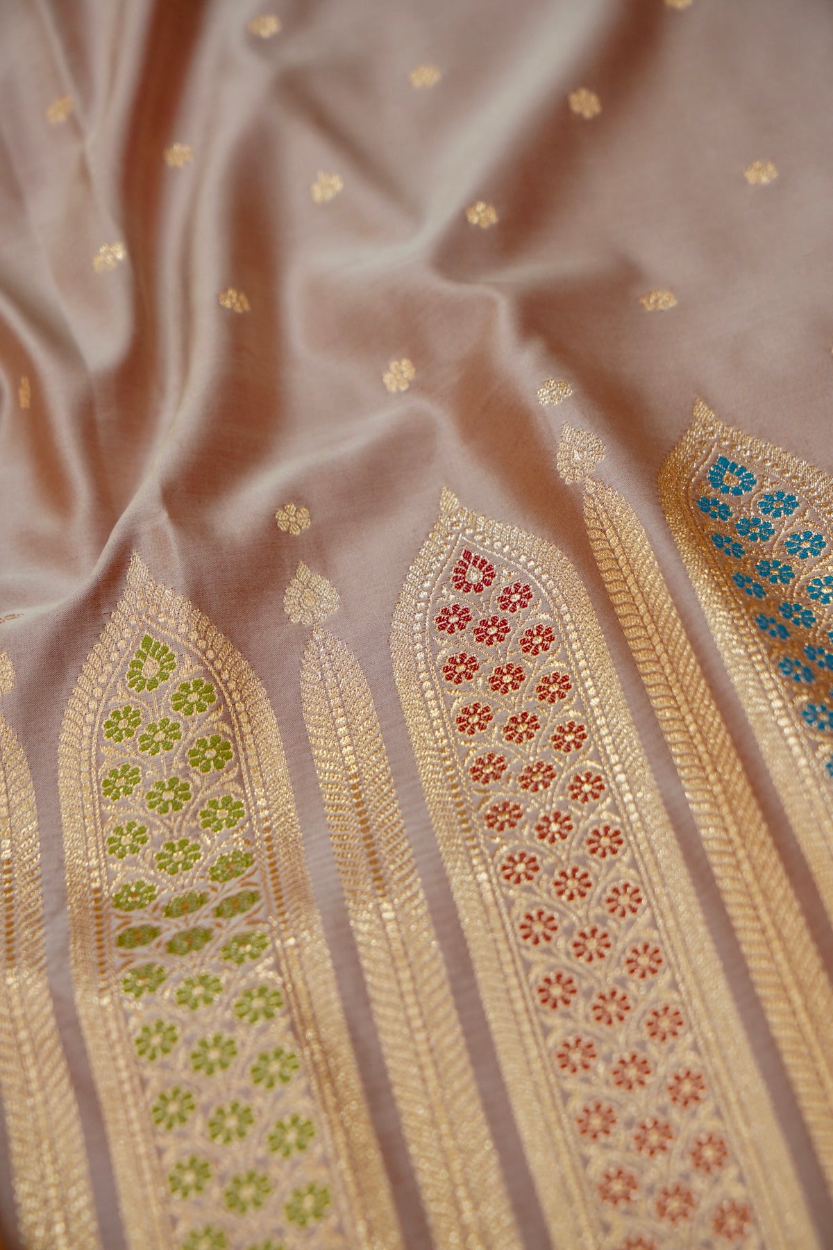 Saadgi - Rose Taupe Pure Katan Silk Saree with Multicolor Meenakari Border