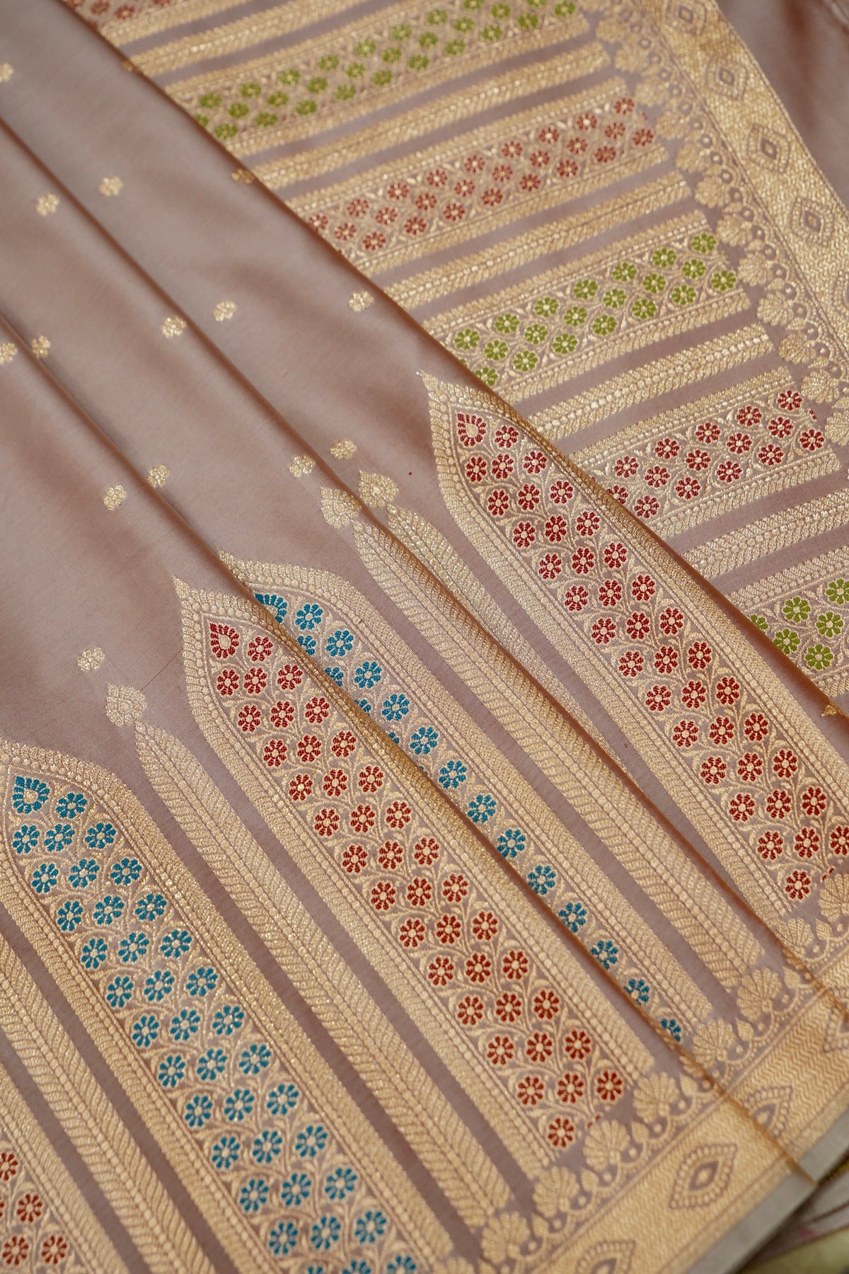 Saadgi - Rose Taupe Pure Katan Silk Saree with Multicolor Meenakari Border