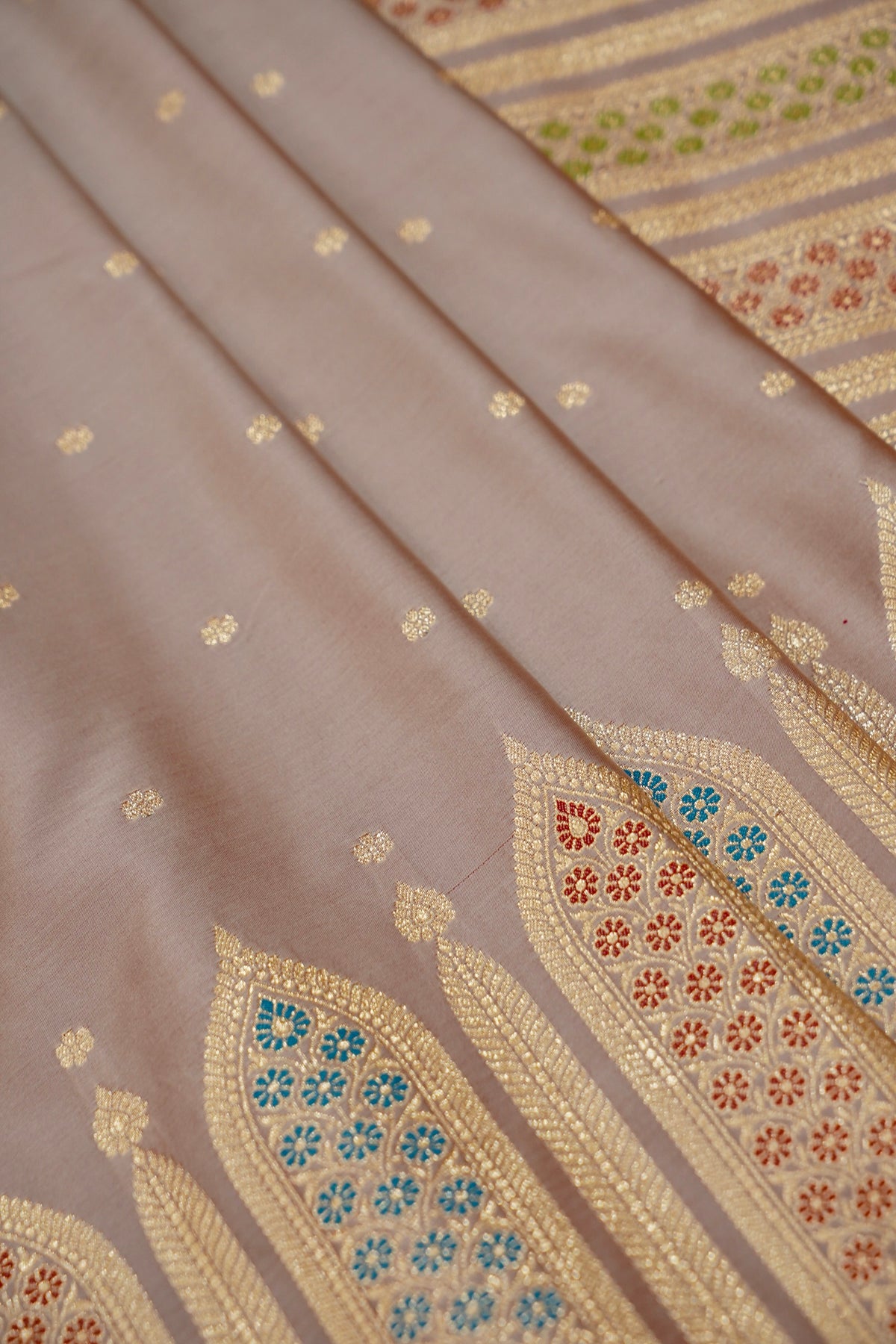 Saadgi - Rose Taupe Pure Katan Silk Saree with Multicolor Meenakari Border