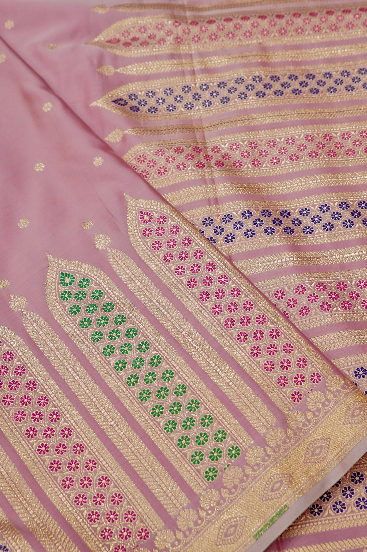 Saadgi - Blush Pink Pure Katan Silk Saree with Multicolor Meenakari Border