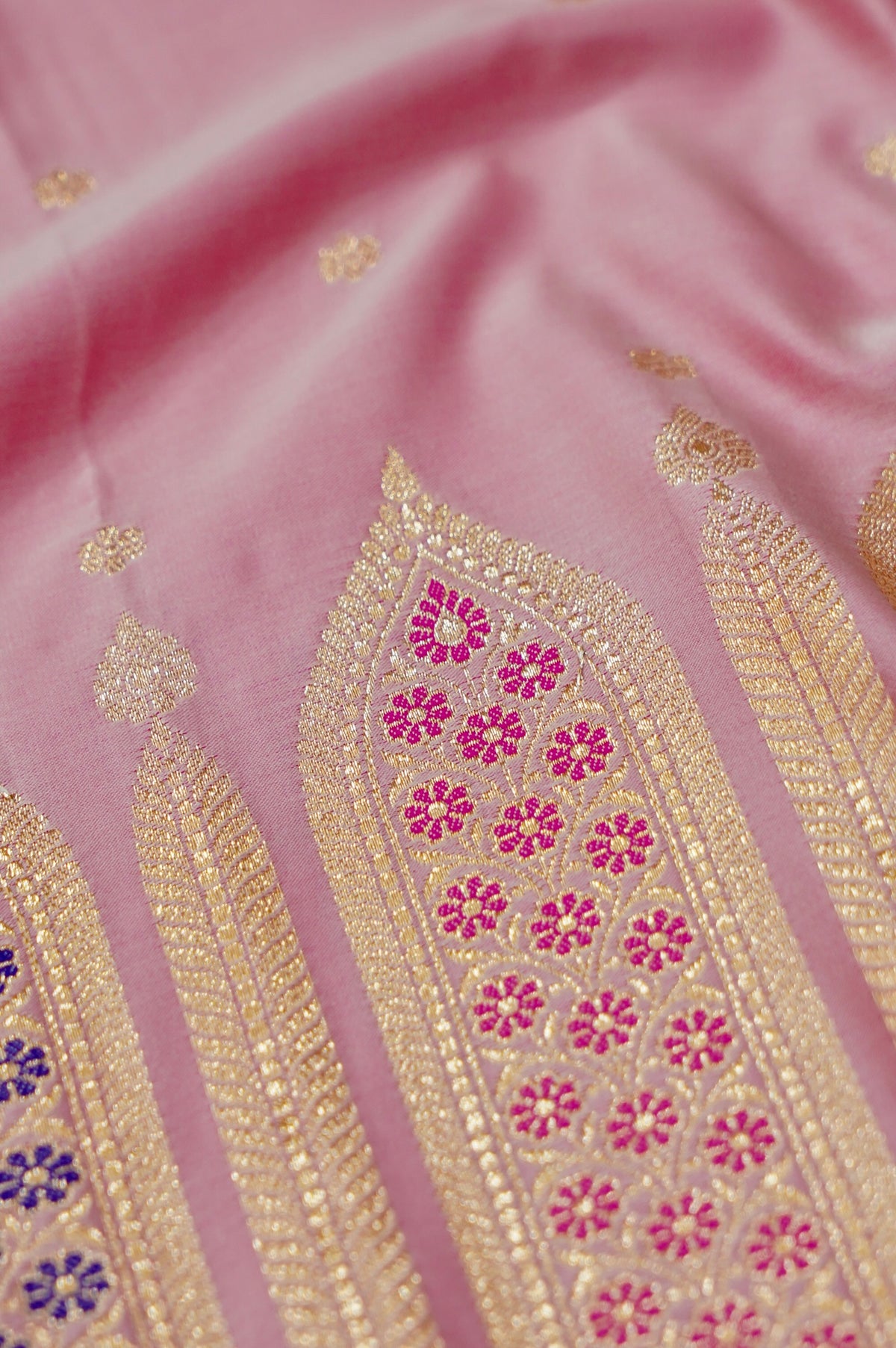 Saadgi - Blush Pink Pure Katan Silk Saree with Multicolor Meenakari Border