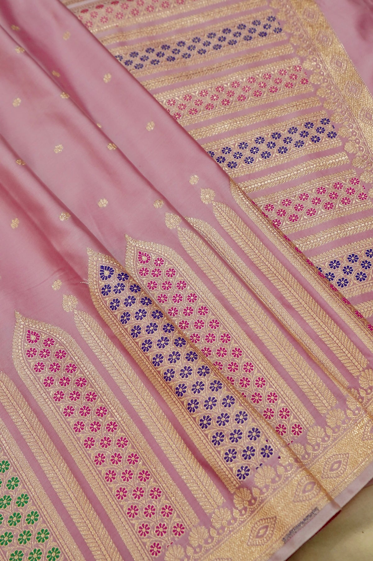 Saadgi - Blush Pink Pure Katan Silk Saree with Multicolor Meenakari Border