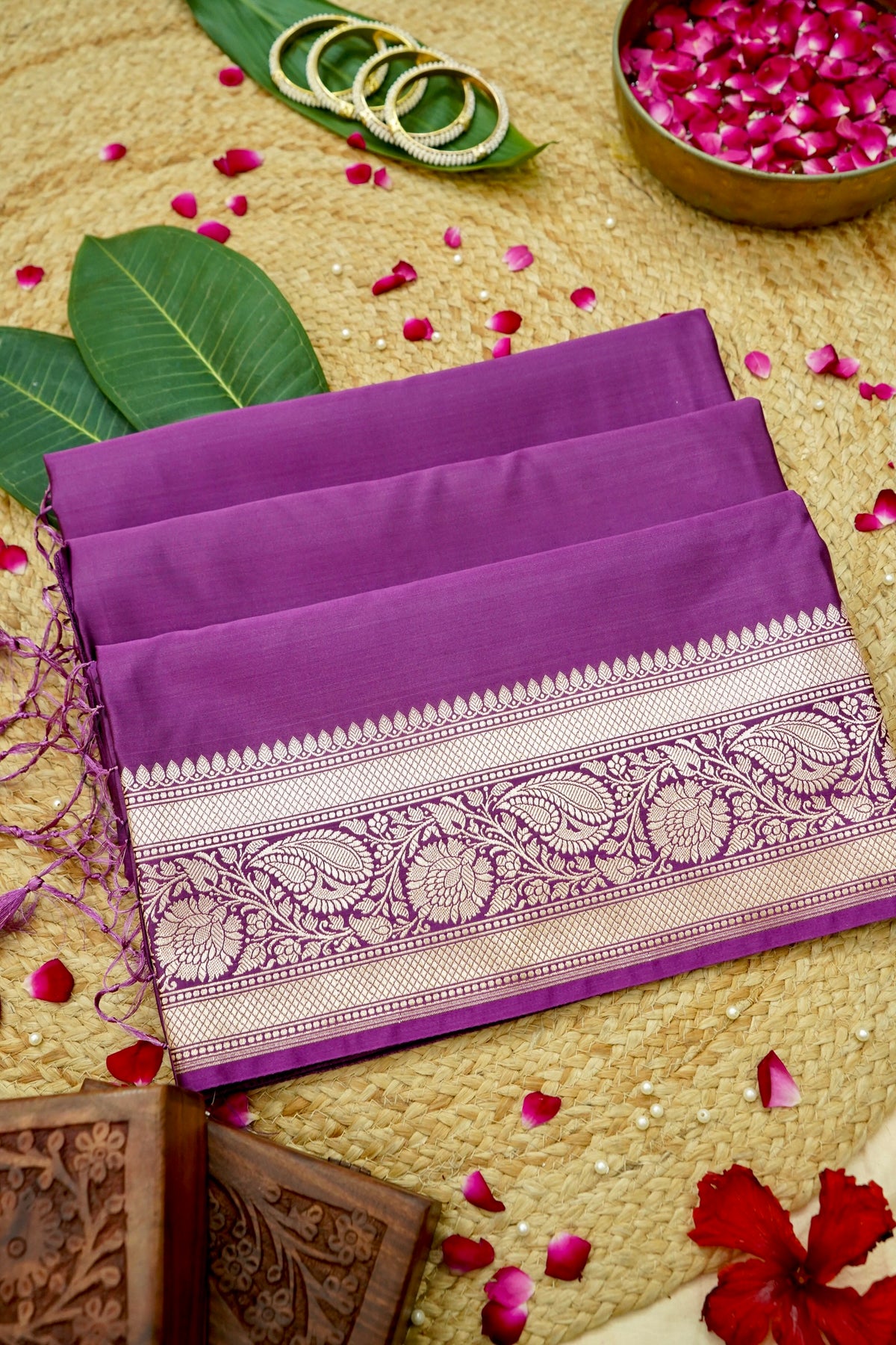 Rich Magenta Purple Pure Banarasi Katan Silk Saree with light Gold Zari Weaving