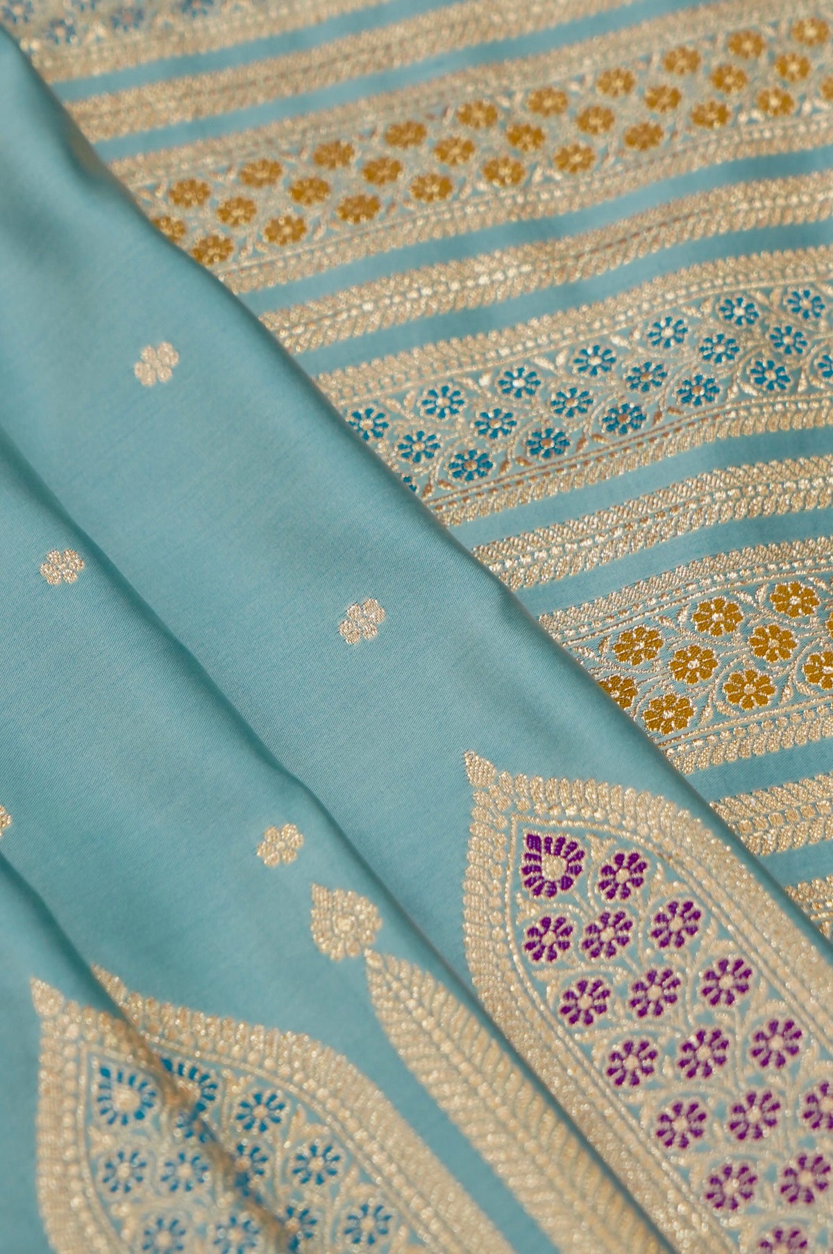 Saadgi - Powder Blue Pure Katan Silk Saree with Multicolor Meenakari Border