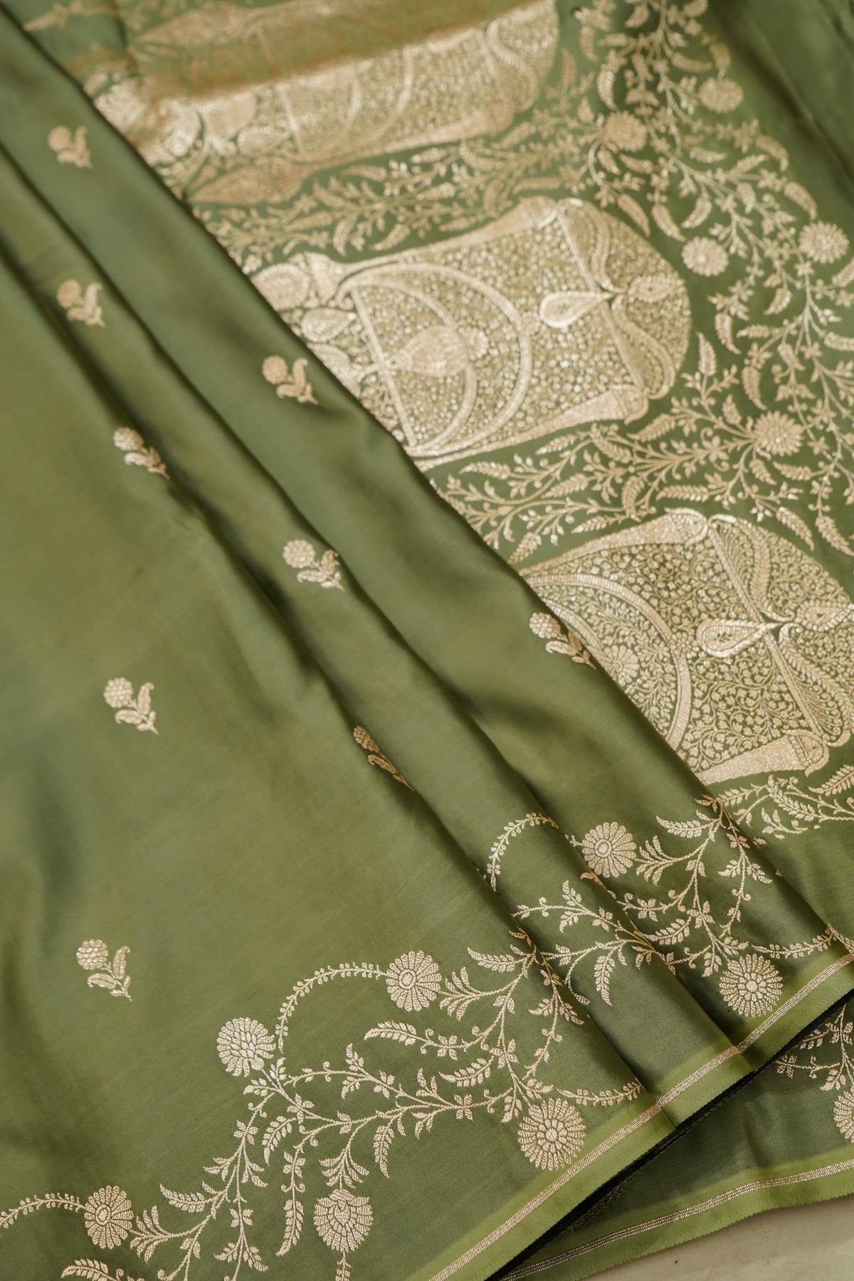 Shruti - Olive Green Pure Katan Silk Saree
