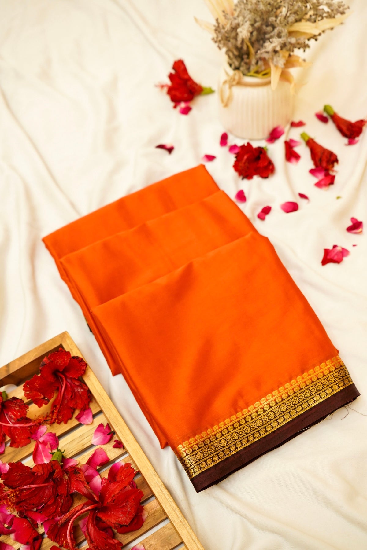 Maithili - Orange Mysore Crepe Silk Saree with Dark Brown Border
