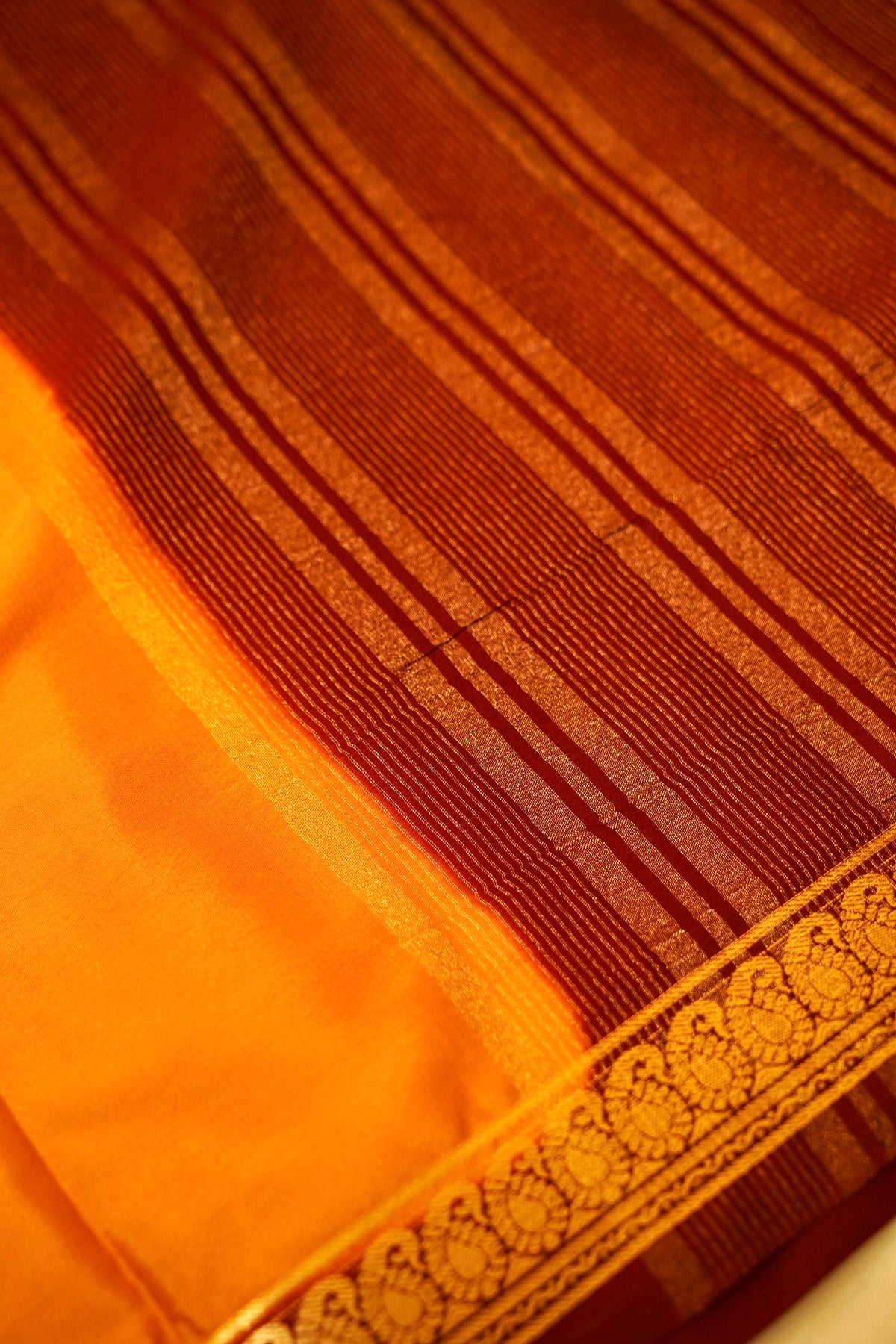 Maithili - Mustard Yellow Mysore Crepe Silk Saree with Maroon Border