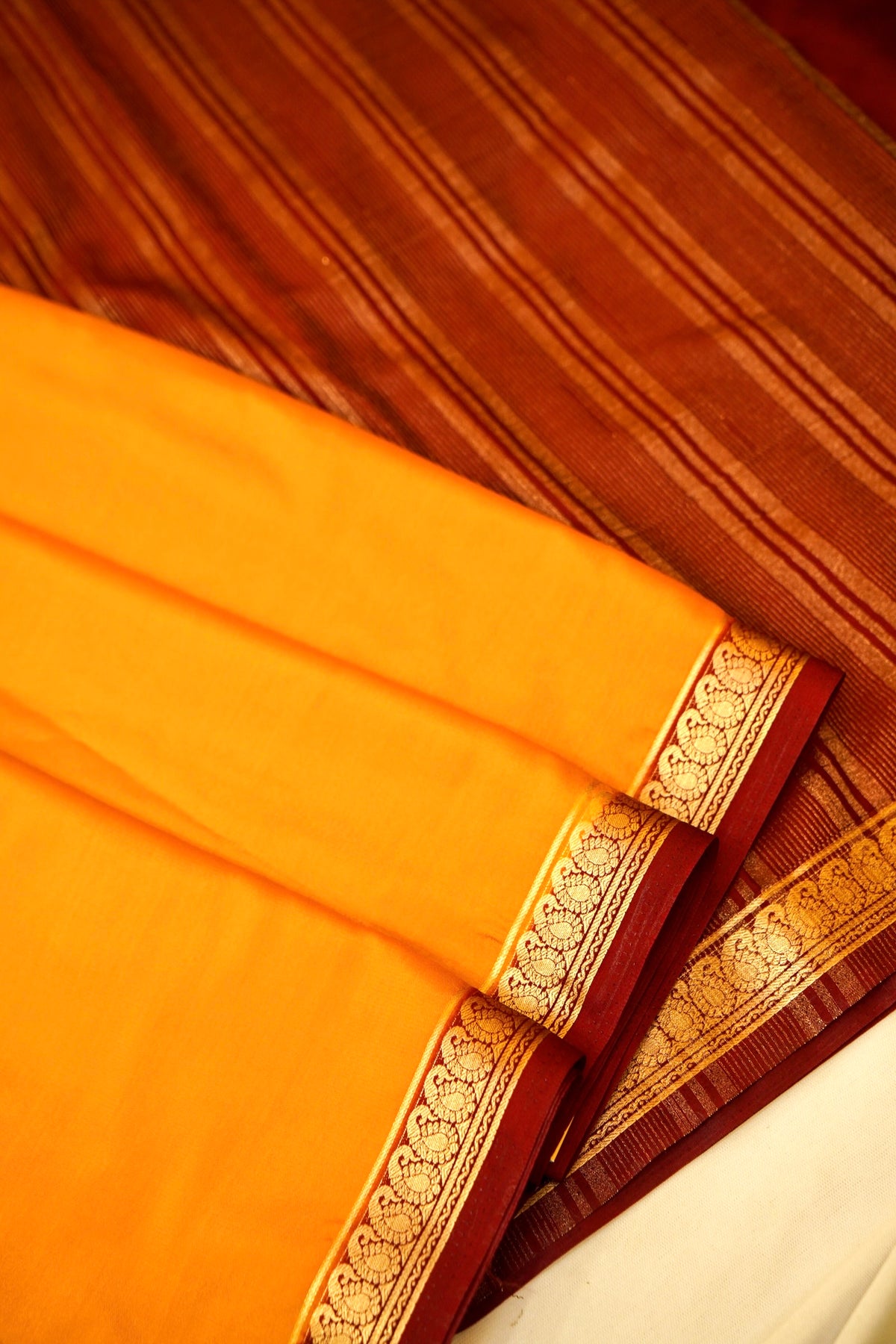 Maithili - Mustard Yellow Mysore Crepe Silk Saree with Maroon Border