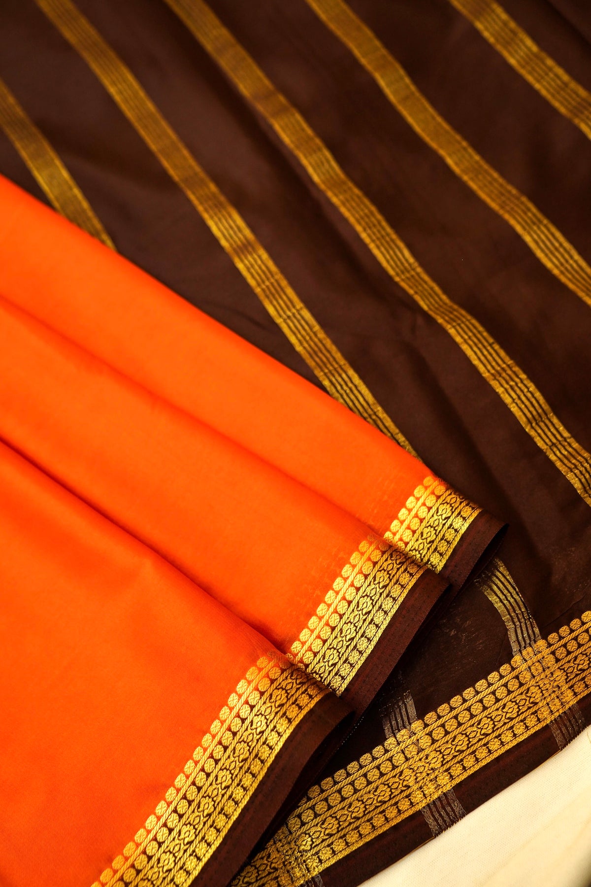 Maithili - Orange Mysore Crepe Silk Saree with Dark Brown Border