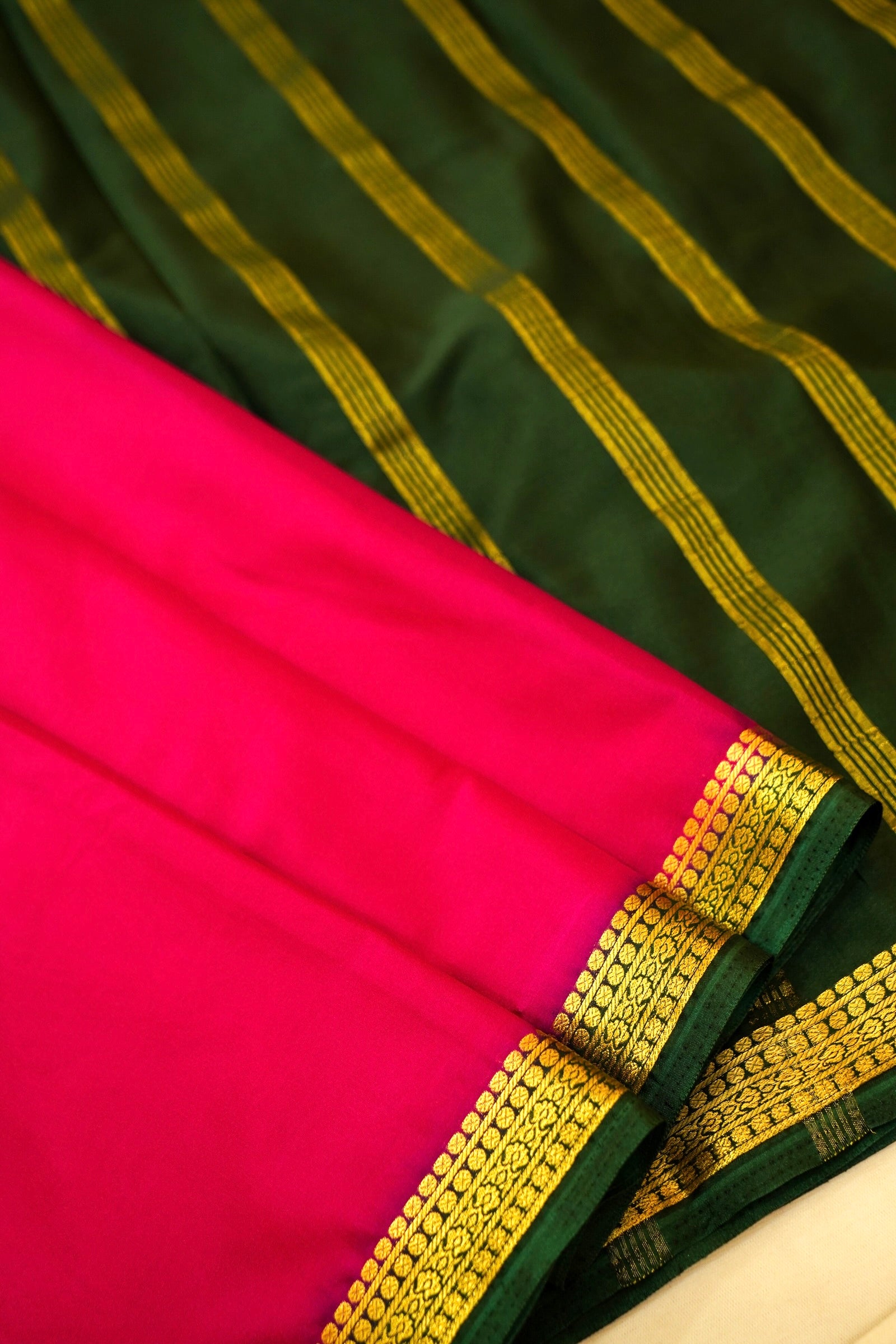 Maithili - Vibrant Pink Mysore Crepe Silk Saree with Green Border