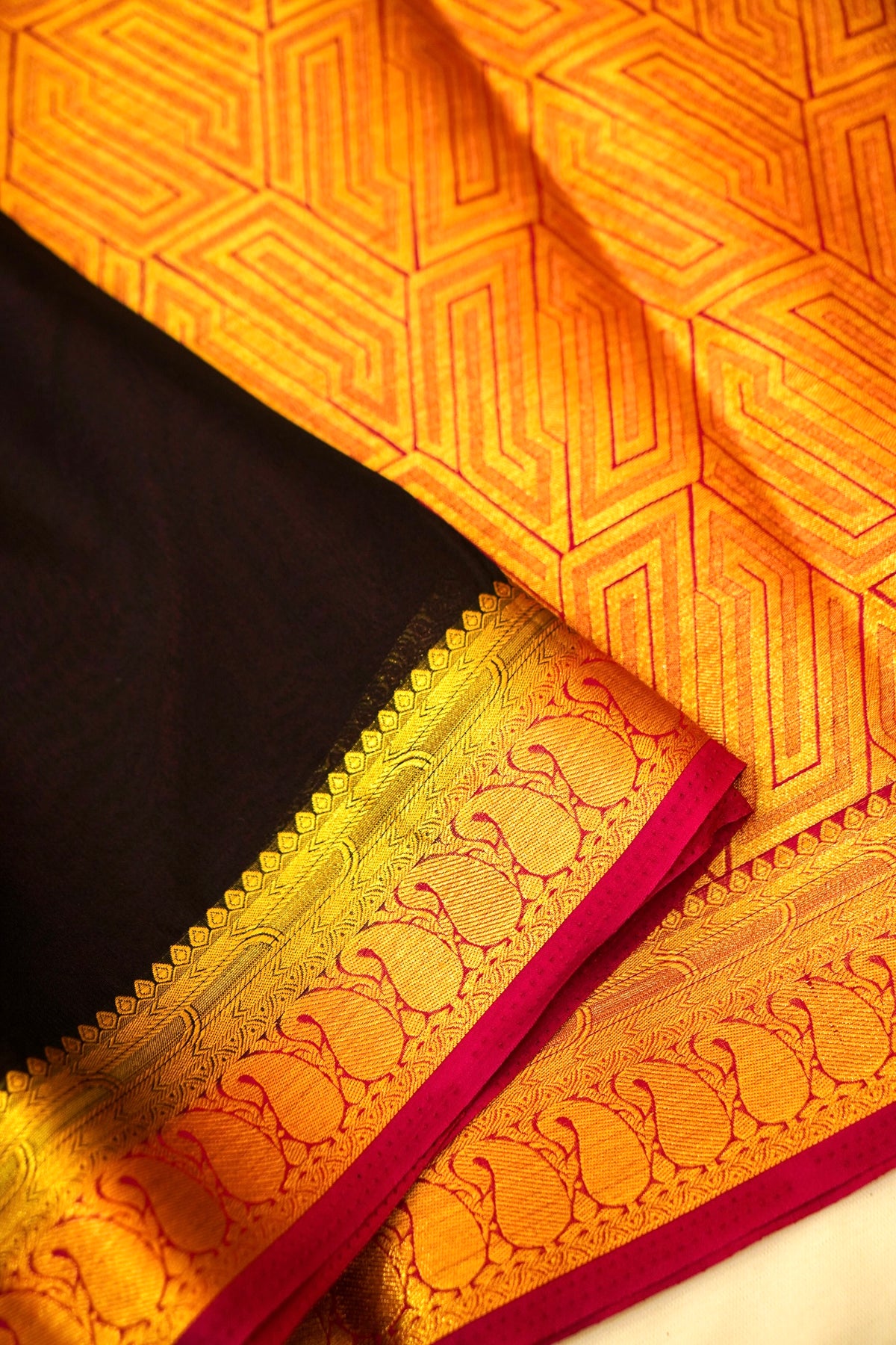 Maithili - Black Mysore Crepe Silk Saree with Magenta Border