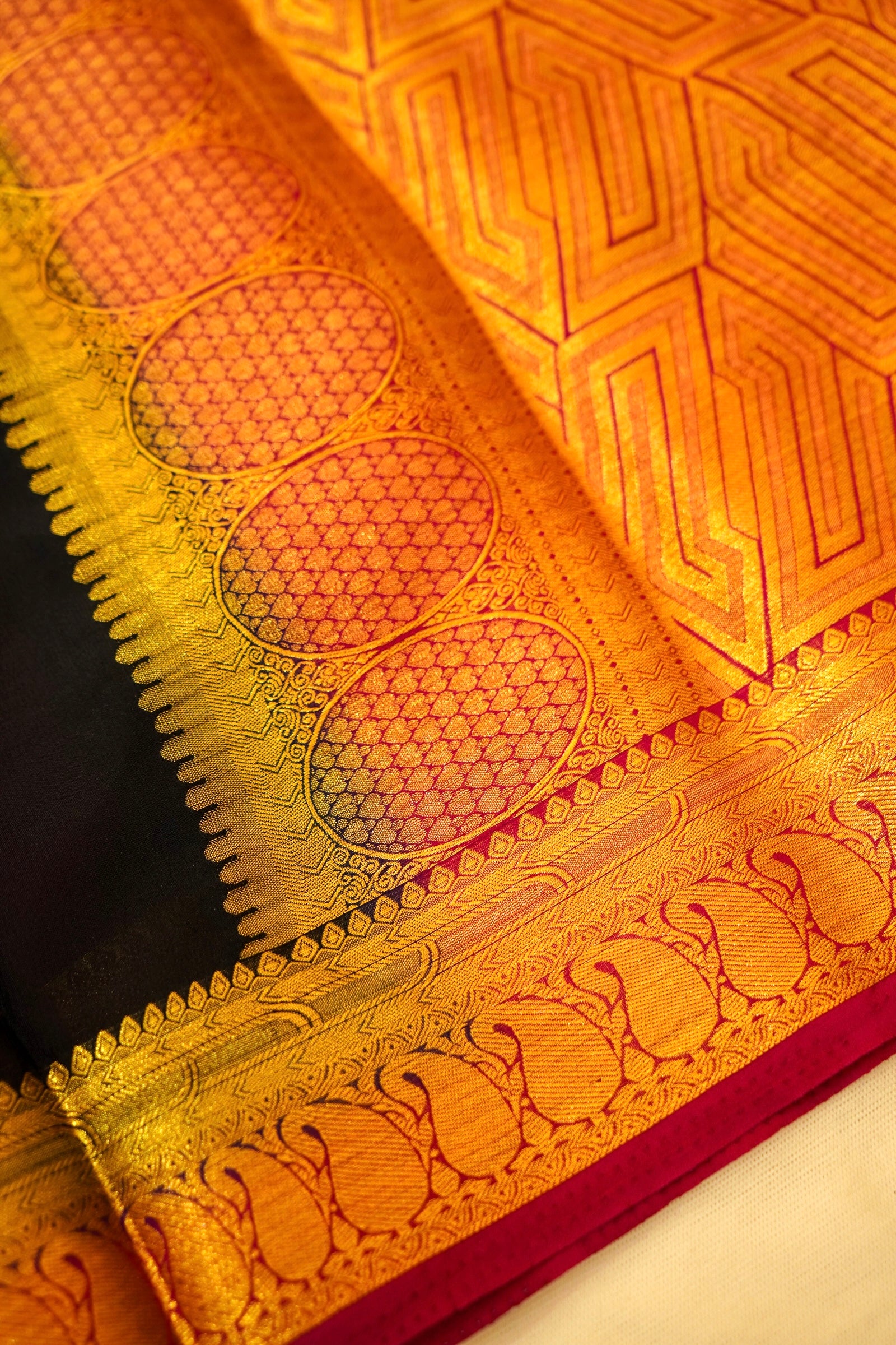 Maithili - Black Mysore Crepe Silk Saree with Magenta Border