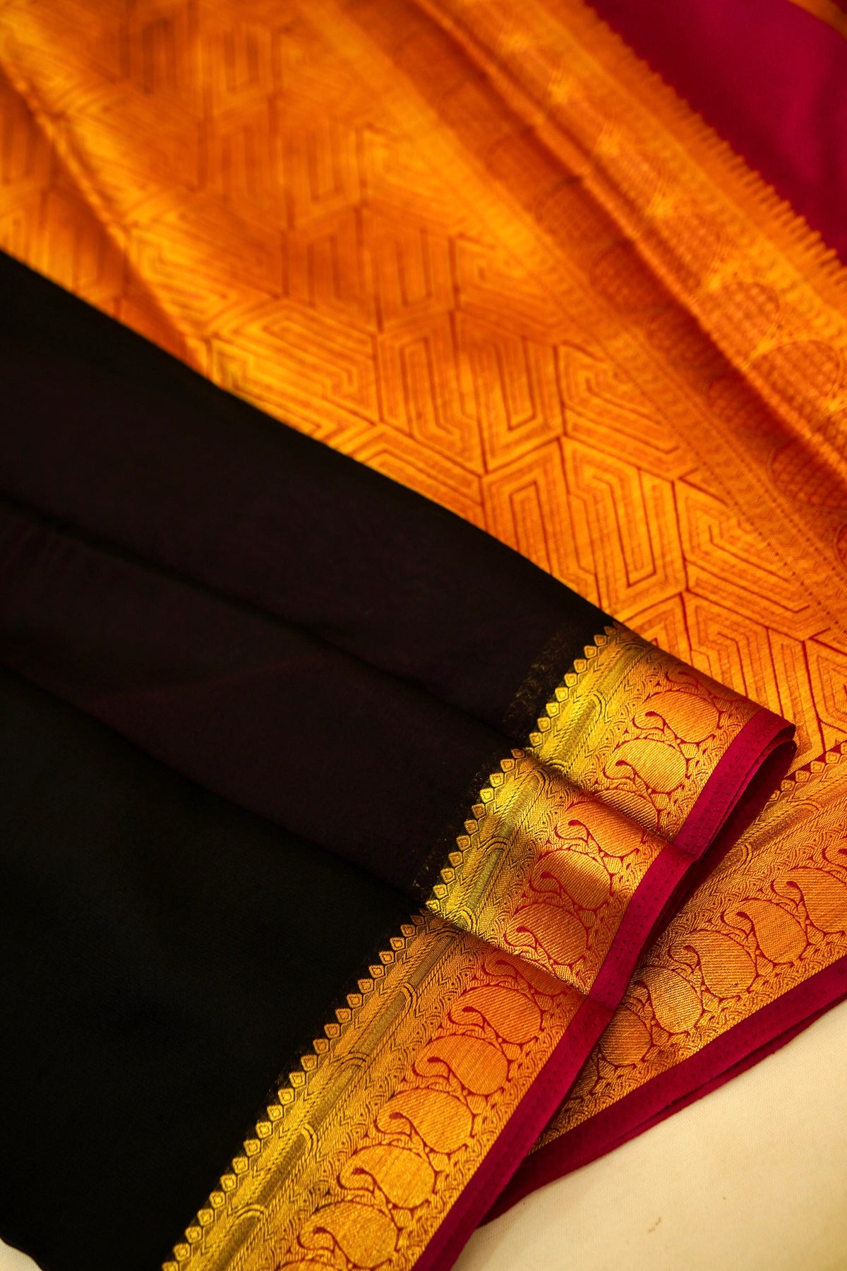 Maithili - Black Mysore Crepe Silk Saree with Magenta Border