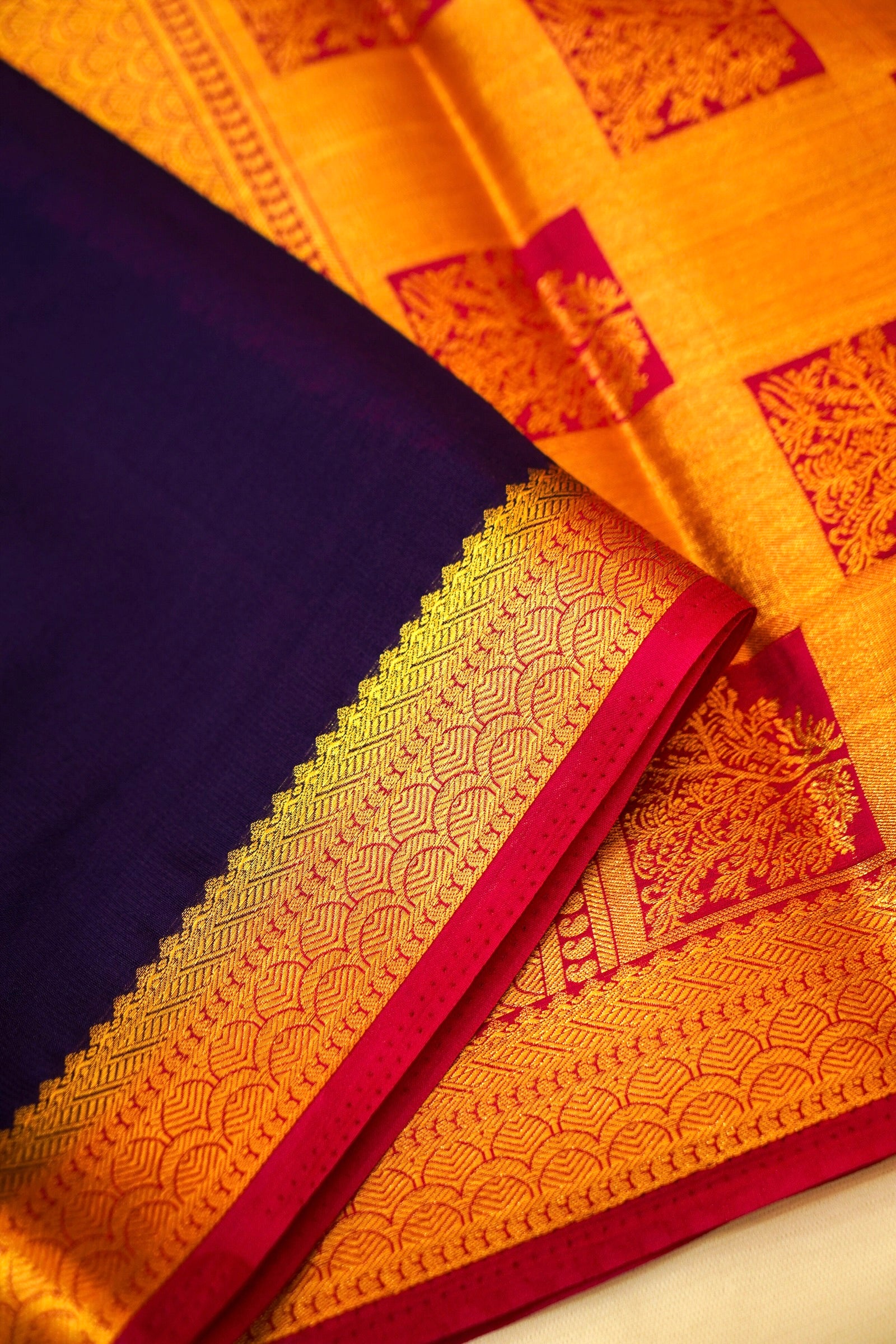 Maithili - Navy Blue Mysore Crepe Silk Saree with Magenta Border