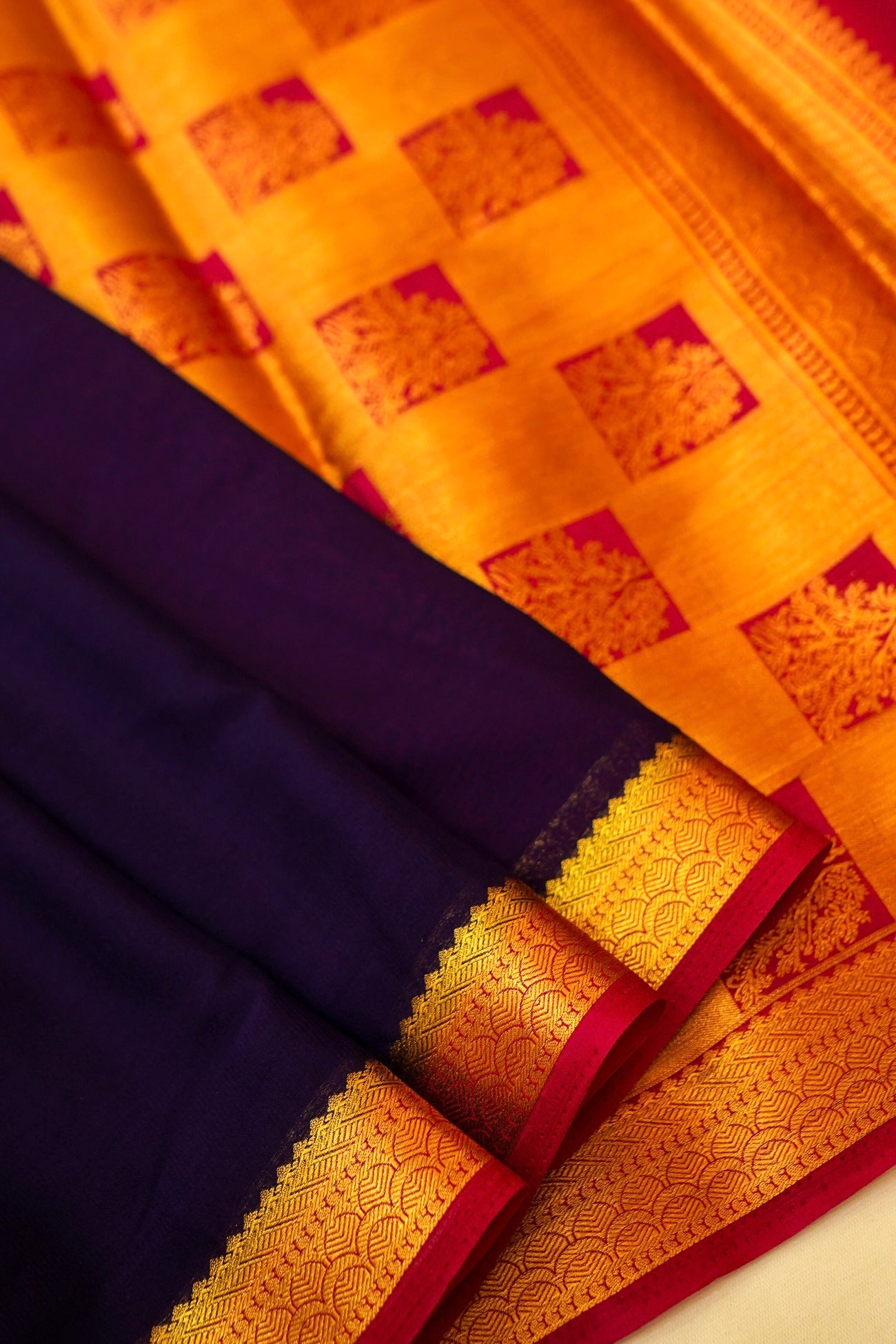 Maithili - Navy Blue Mysore Crepe Silk Saree with Magenta Border