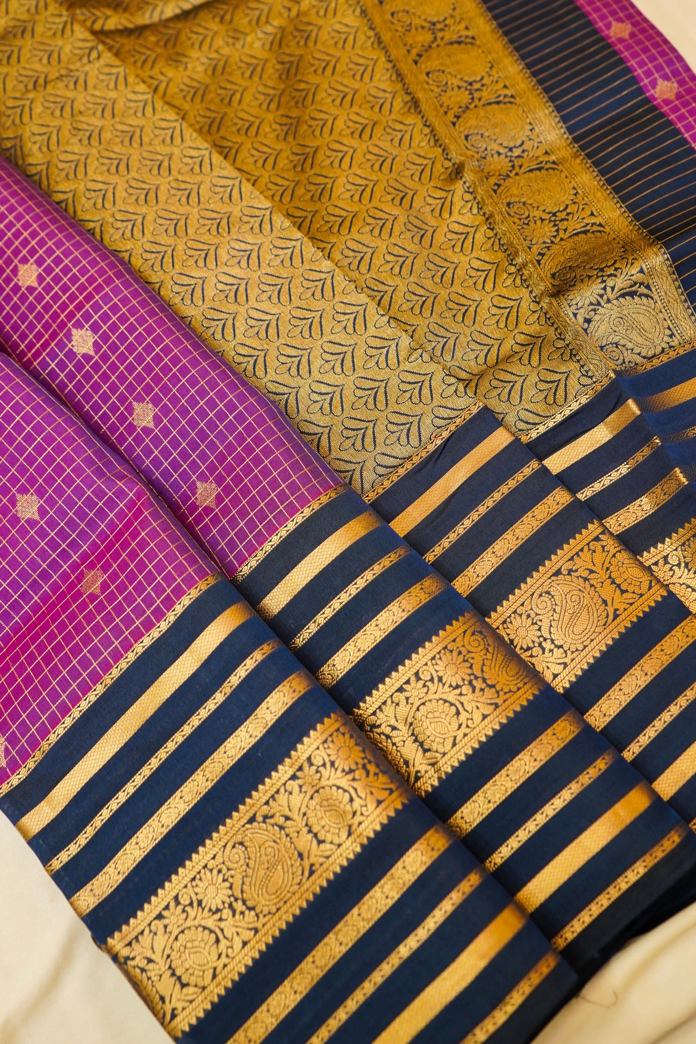 Maithili - Magenta Pure Kanjipuram Silk Saree with Navy Blue Border