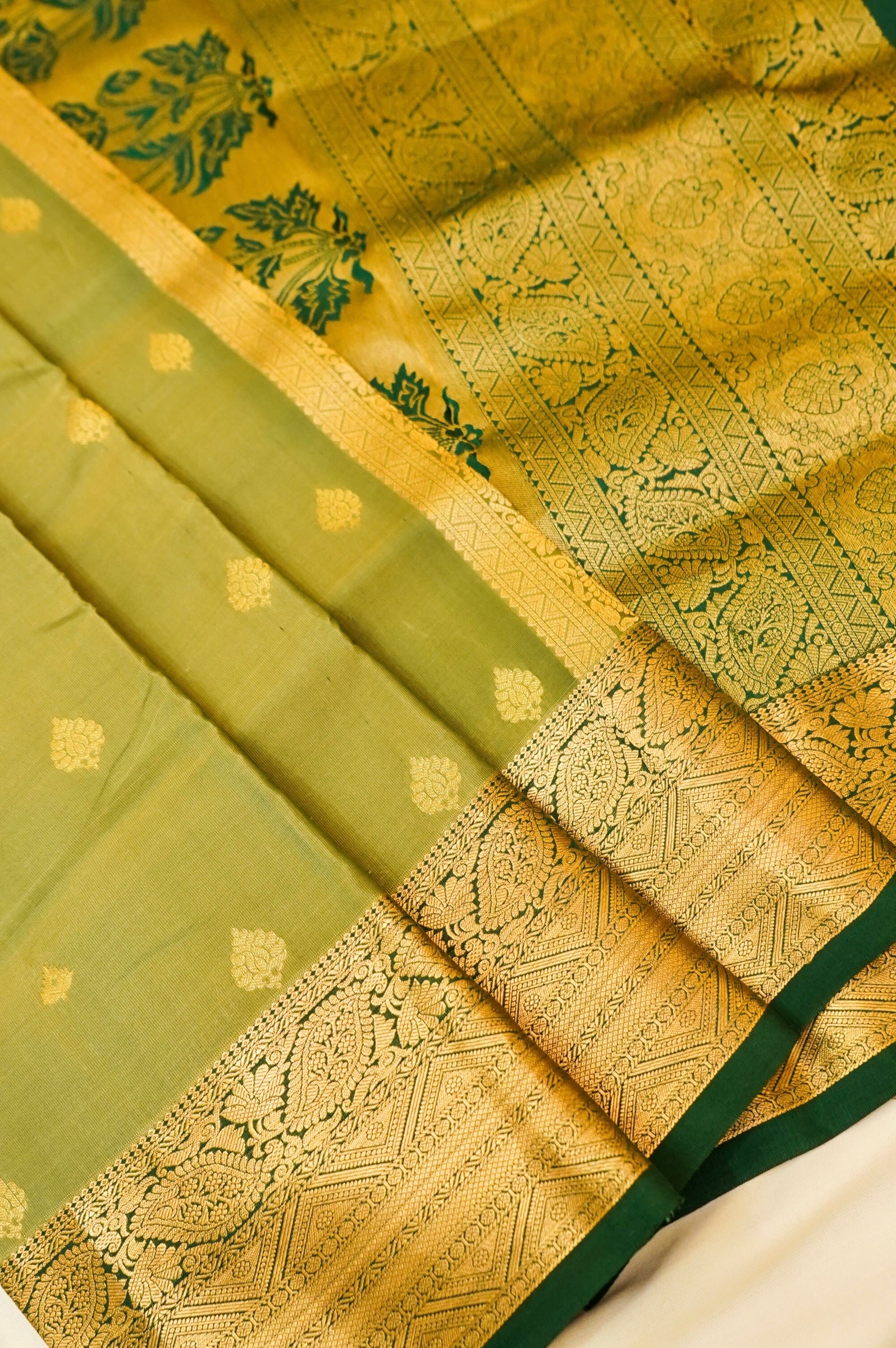 Maithili - Olive Green Pure Kanjipuram Silk Saree with Emerald Border