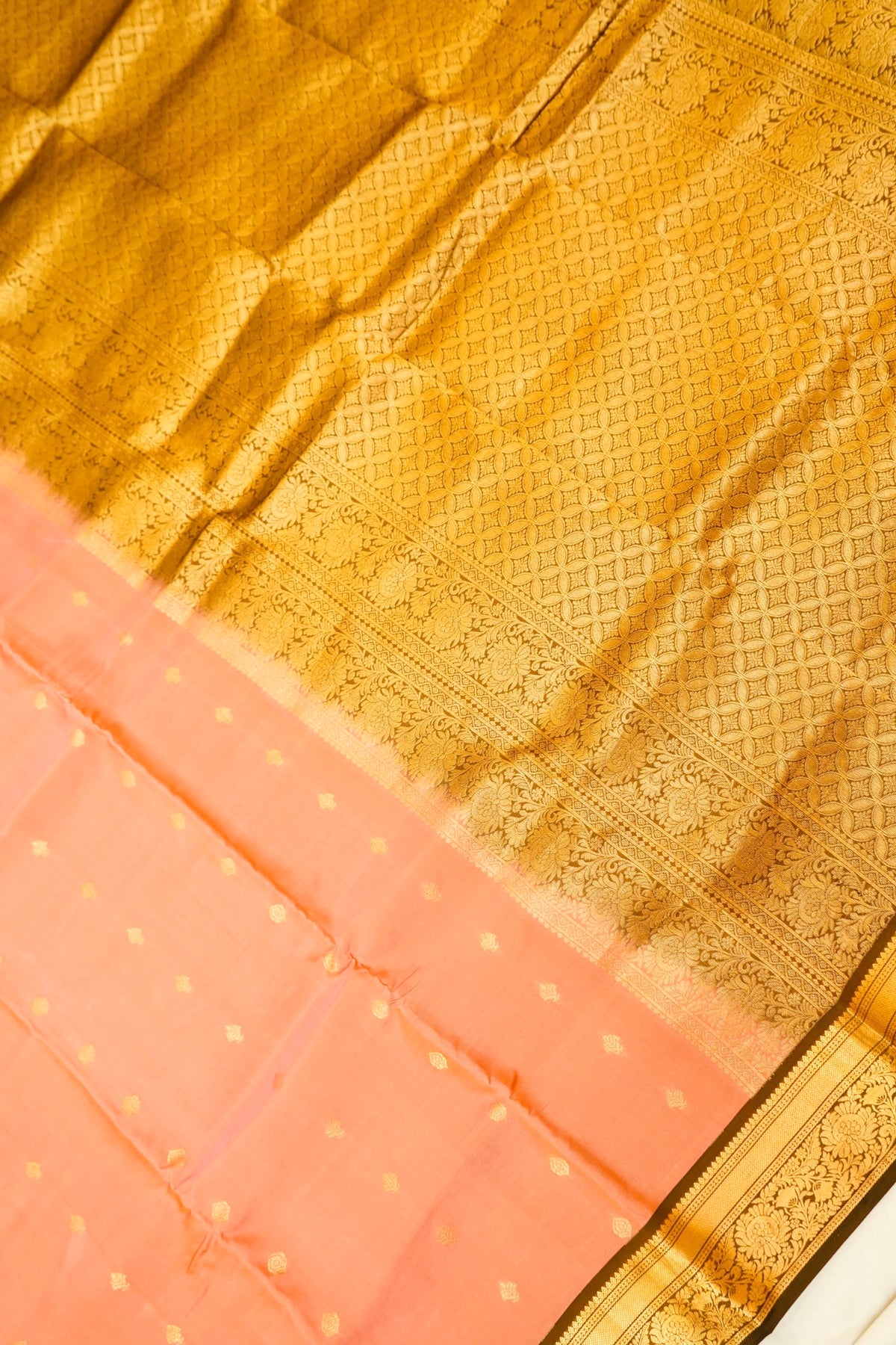 Maithili - Peach Pure Kanjipuram Silk Saree with Dark Brown Border