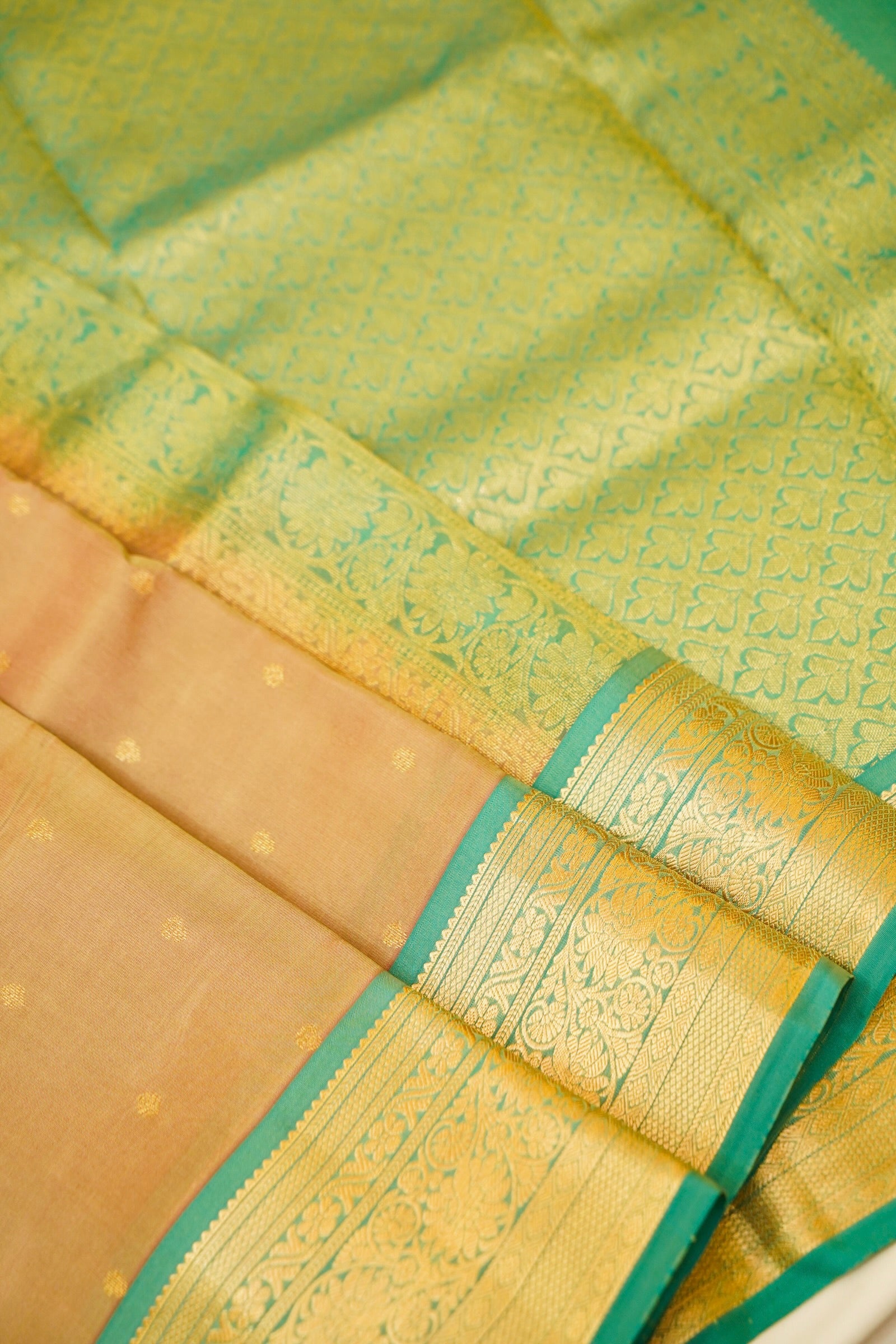 Maithili - Beige Pure Kanjipuram Silk Saree with Teal Green Border