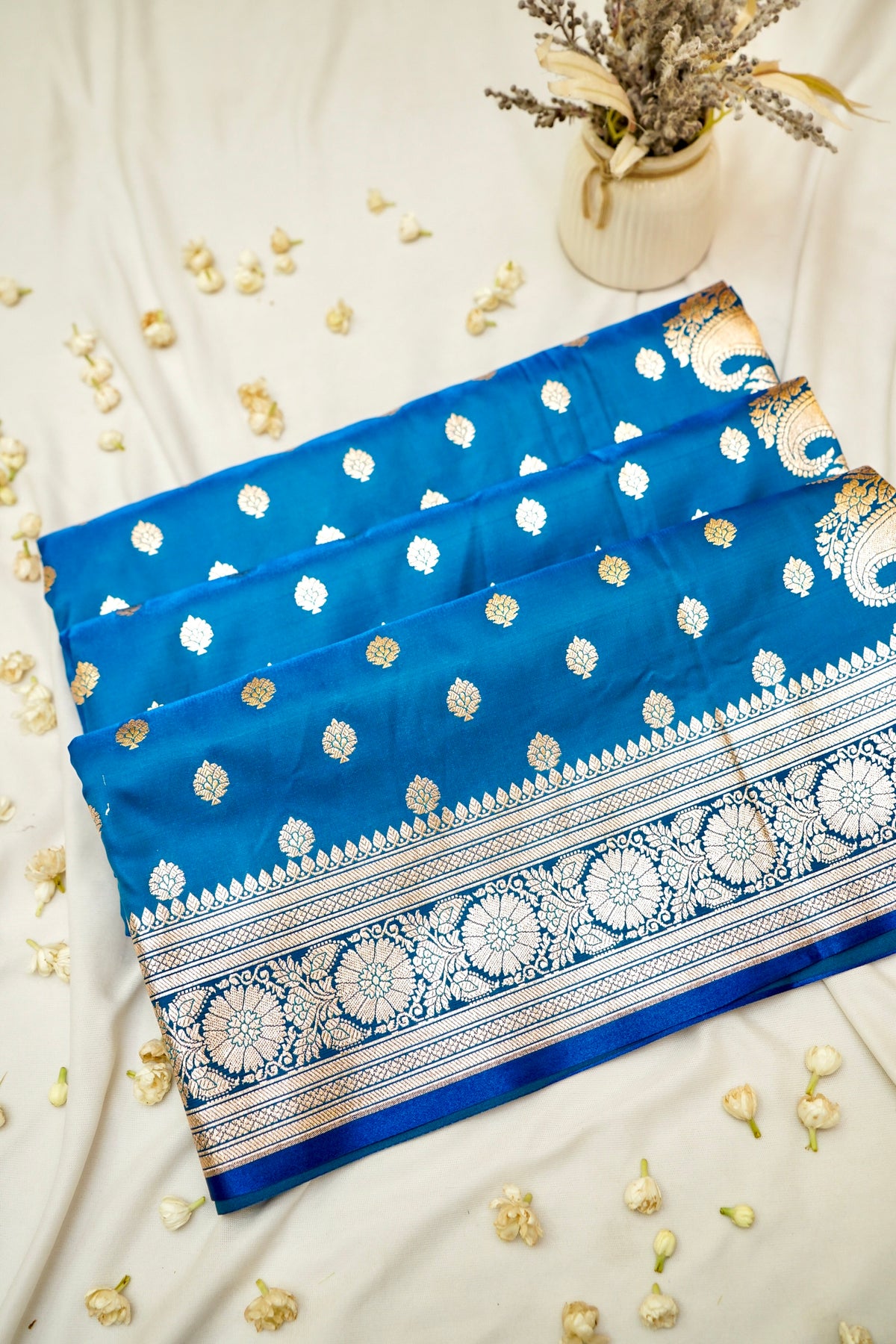 Traditional Sky Blue Banarasi Silk Saree with Golden Zari Weave