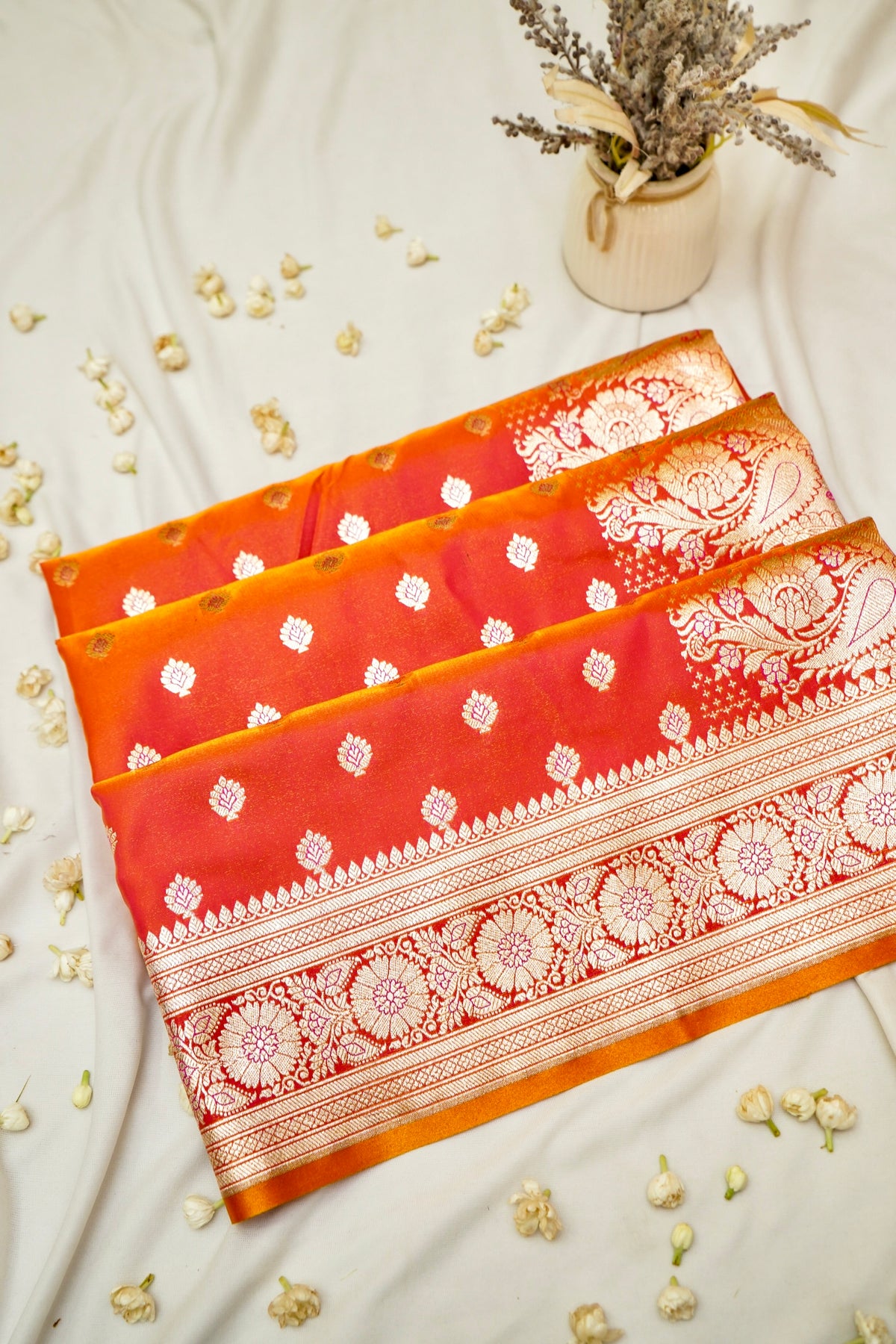 Royal Orange Banarasi Silk Saree with Golden Zari Weave