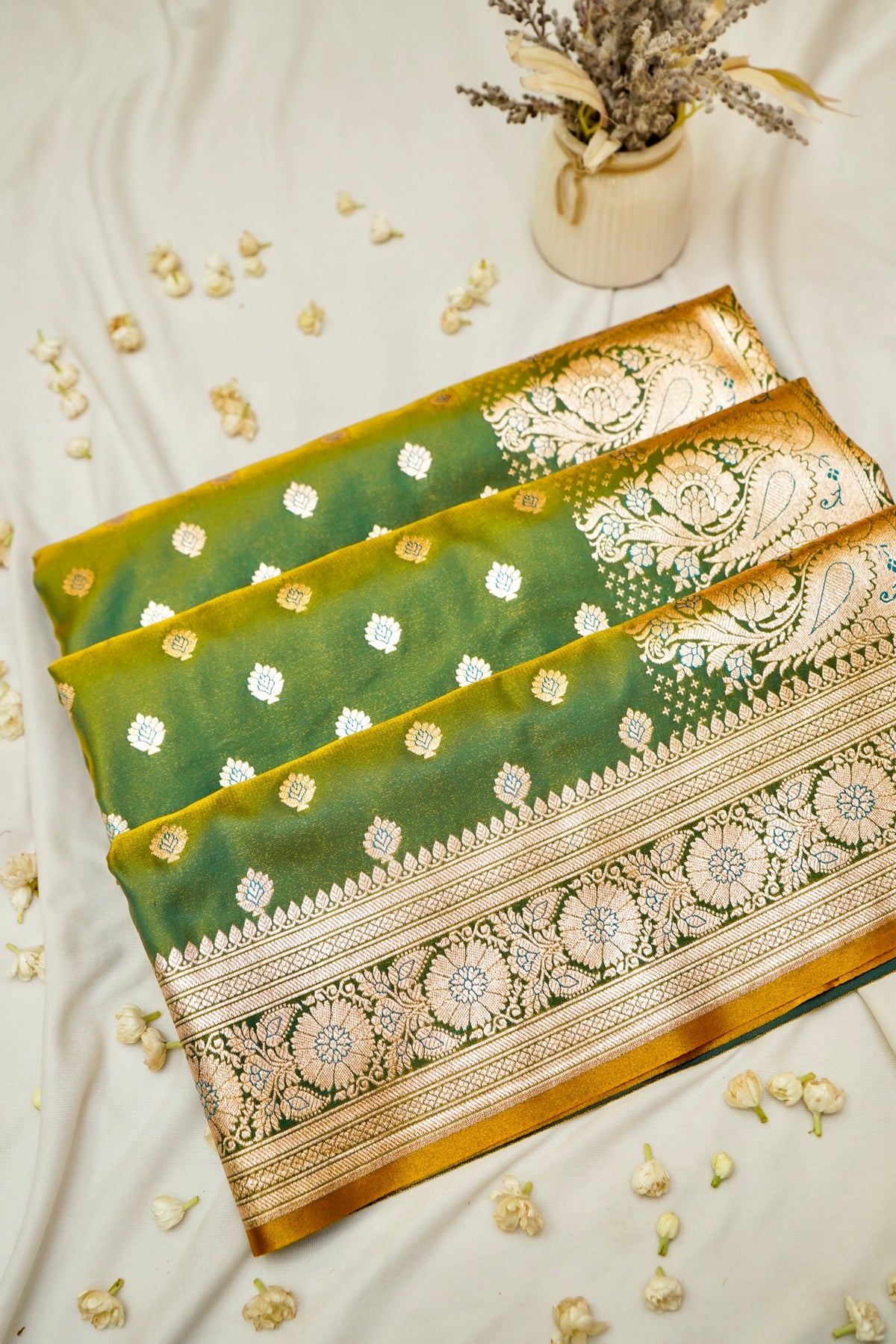 Royal Parrot Green Banarasi Silk Saree with Golden Zari Weave