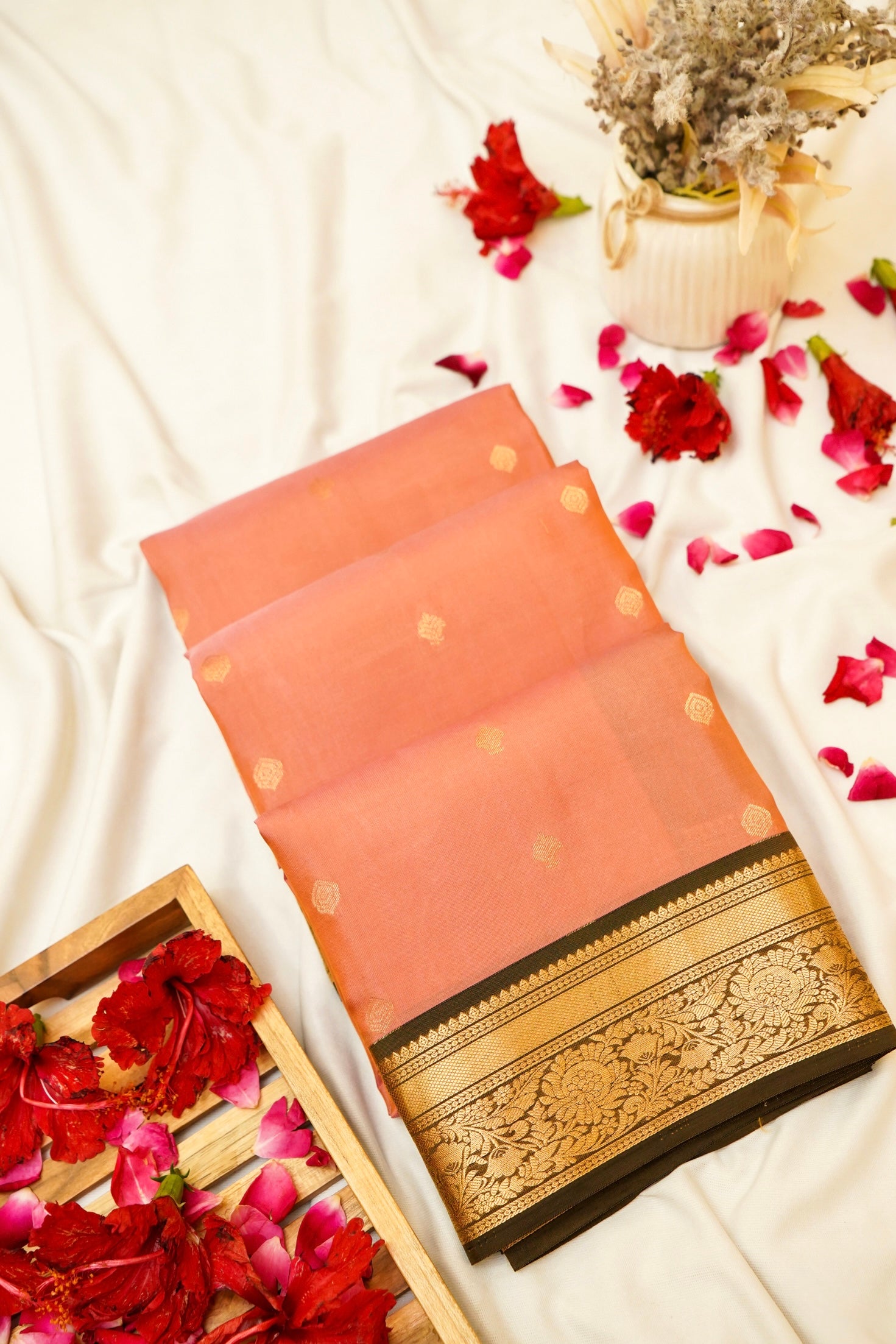 Maithili - Peach Pure Kanjipuram Silk Saree with Dark Brown Border