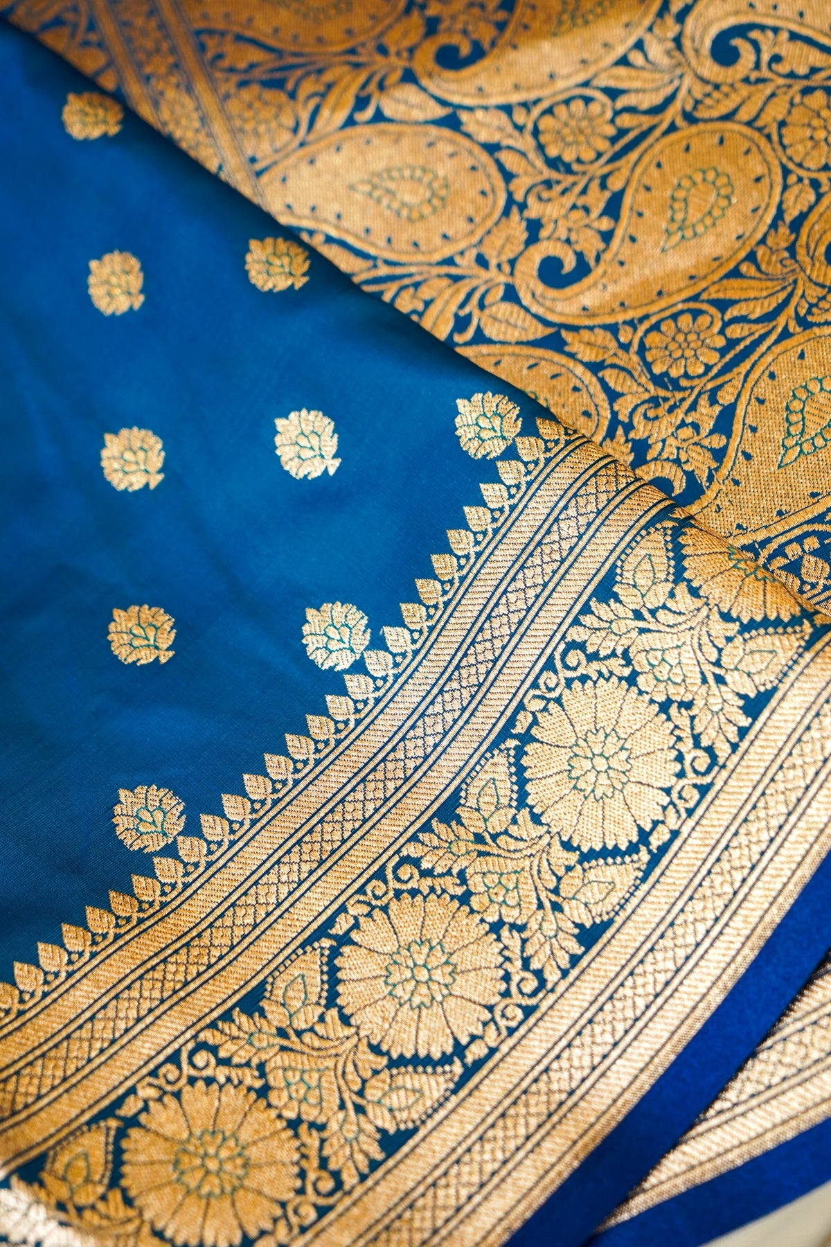 Traditional Sky Blue Banarasi Silk Saree with Golden Zari Weave