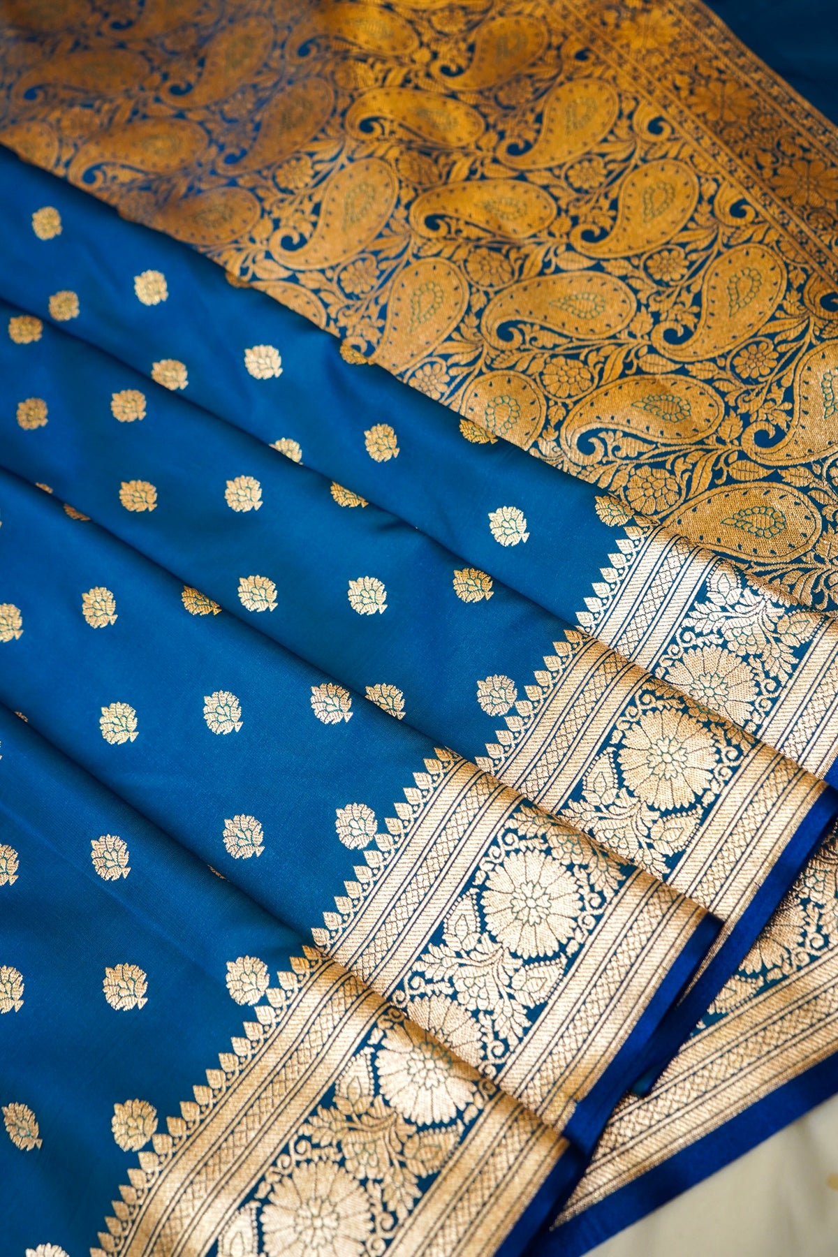 Traditional Sky Blue Banarasi Silk Saree with Golden Zari Weave