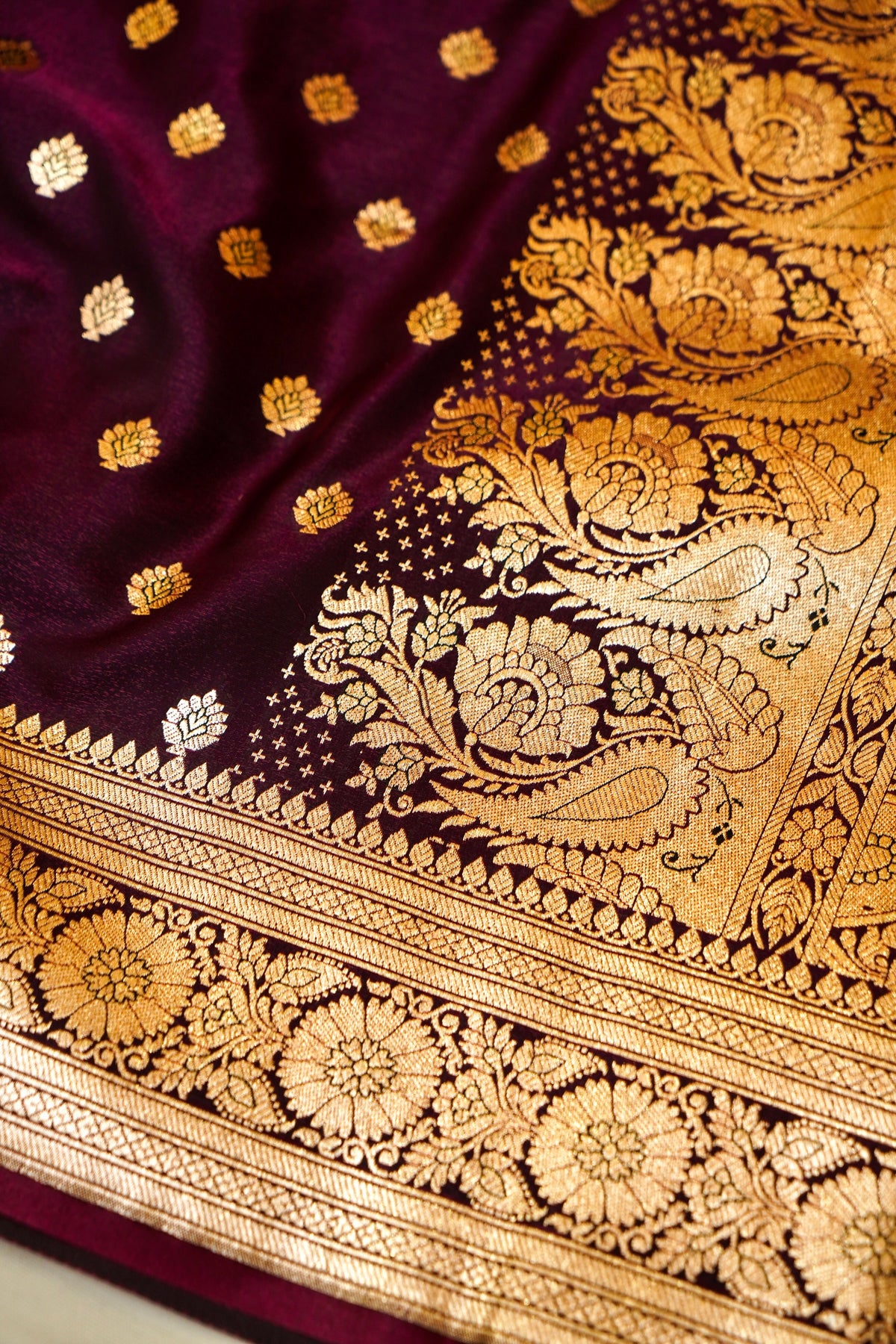 Royal Wine Maroon Banarasi Silk Saree with Golden Zari Weave