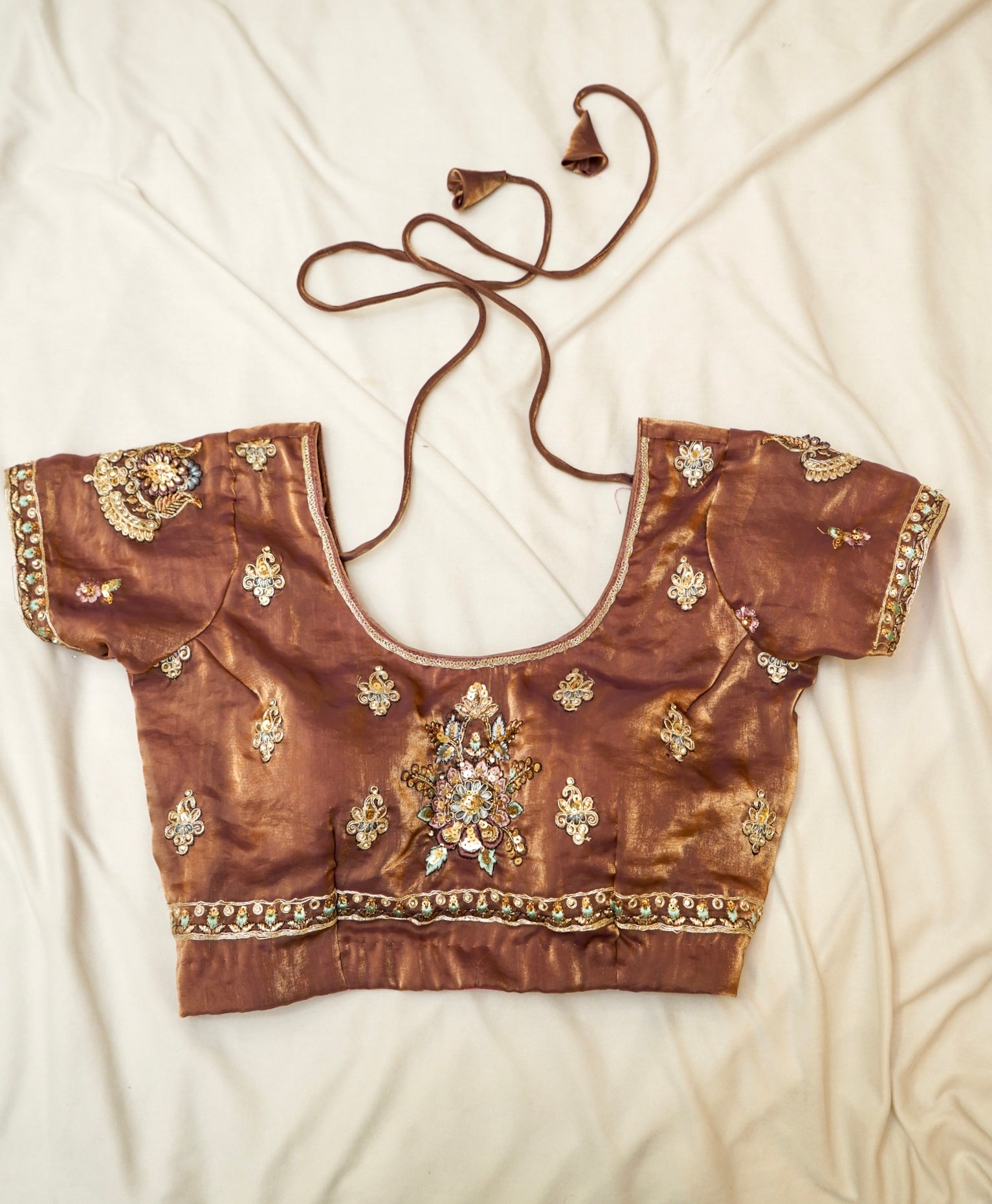 Mocha Brown Heavy Embroidered Designer Tissue Saree with Stitched Blouse