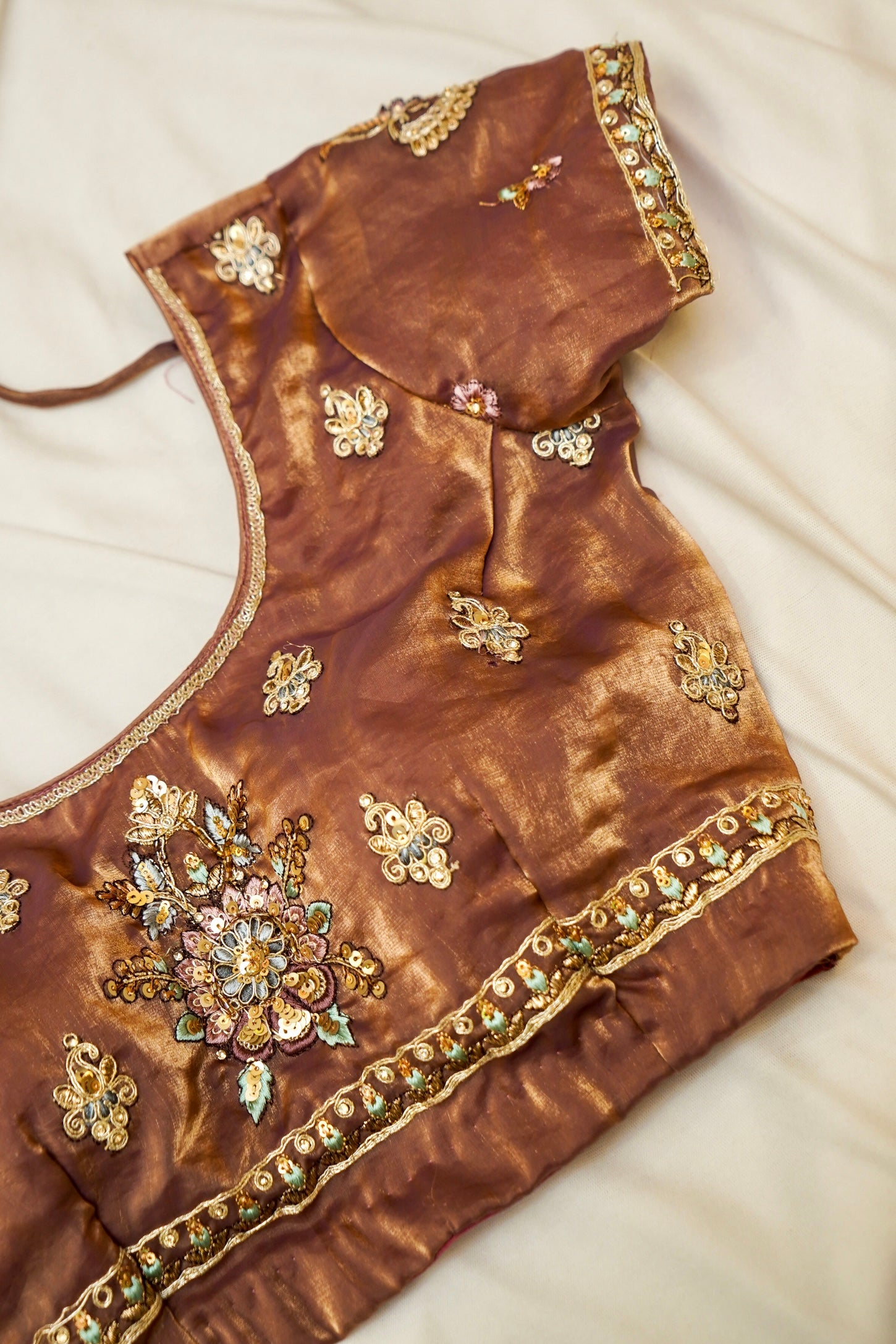 Mocha Brown Heavy Embroidered Designer Tissue Saree with Stitched Blouse