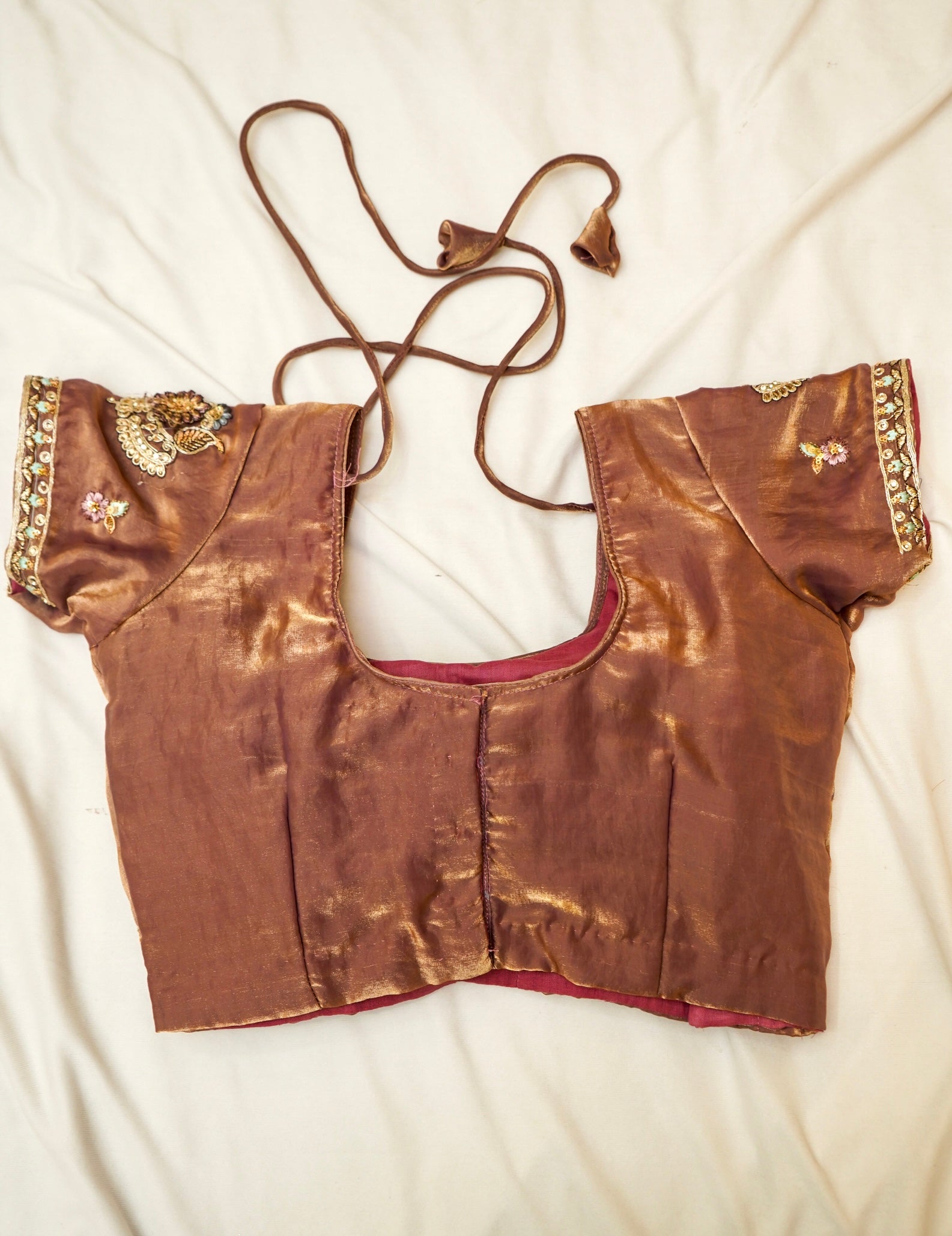 Mocha Brown Heavy Embroidered Designer Tissue Saree with Stitched Blouse