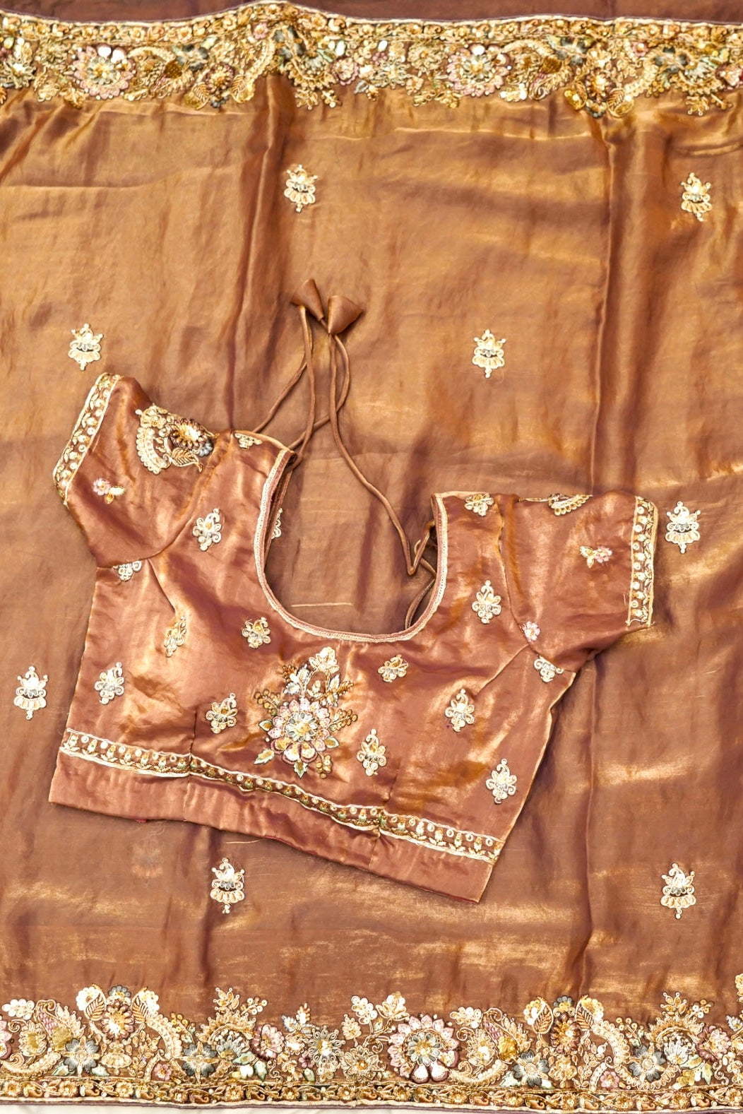 Mocha Brown Heavy Embroidered Designer Tissue Saree with Stitched Blouse
