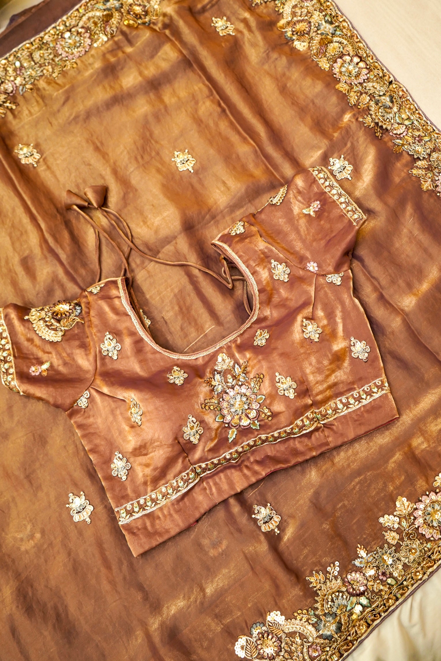 Mocha Brown Heavy Embroidered Designer Tissue Saree with Stitched Blouse