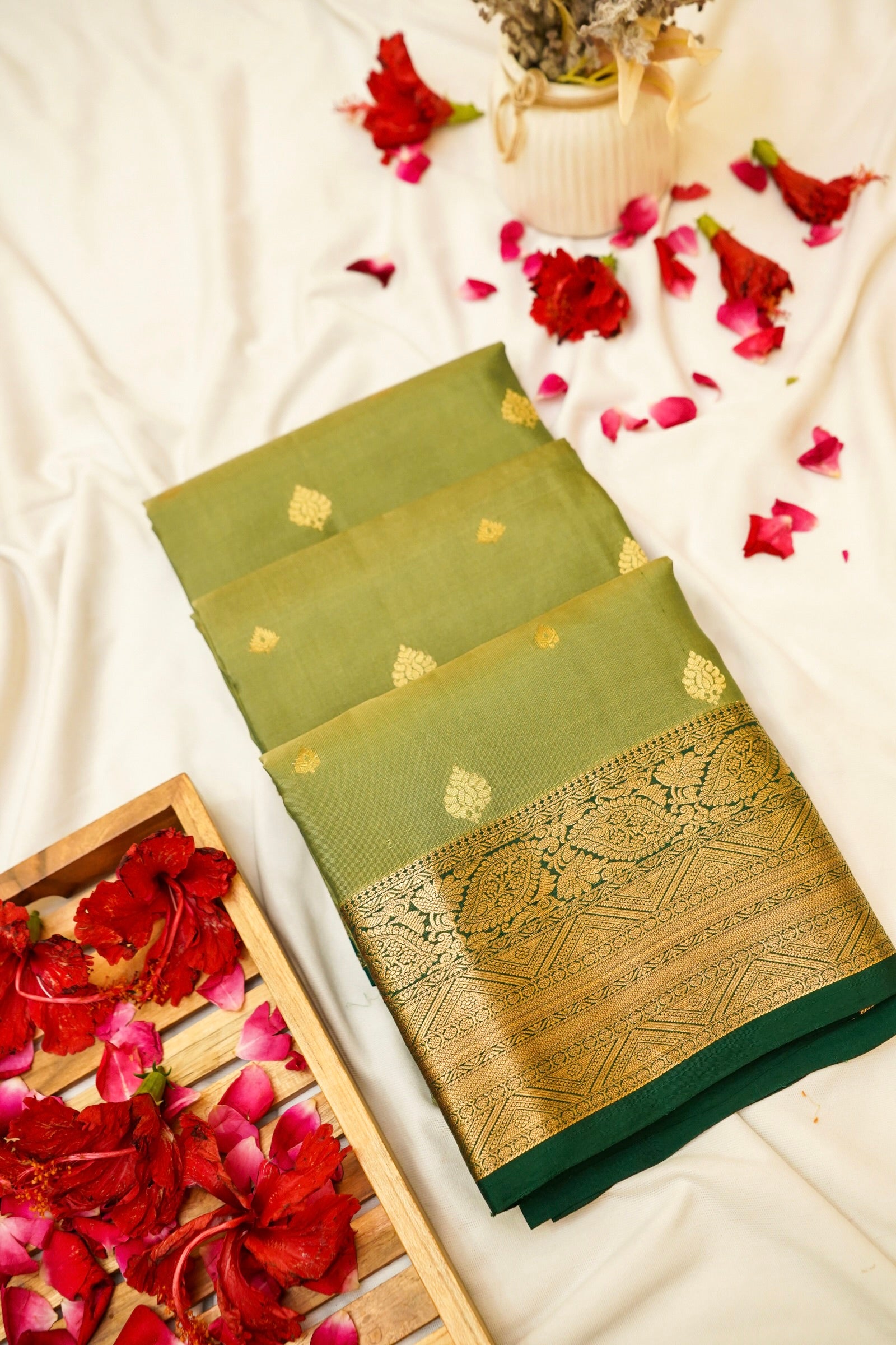 Maithili - Olive Green Pure Kanjipuram Silk Saree with Emerald Border