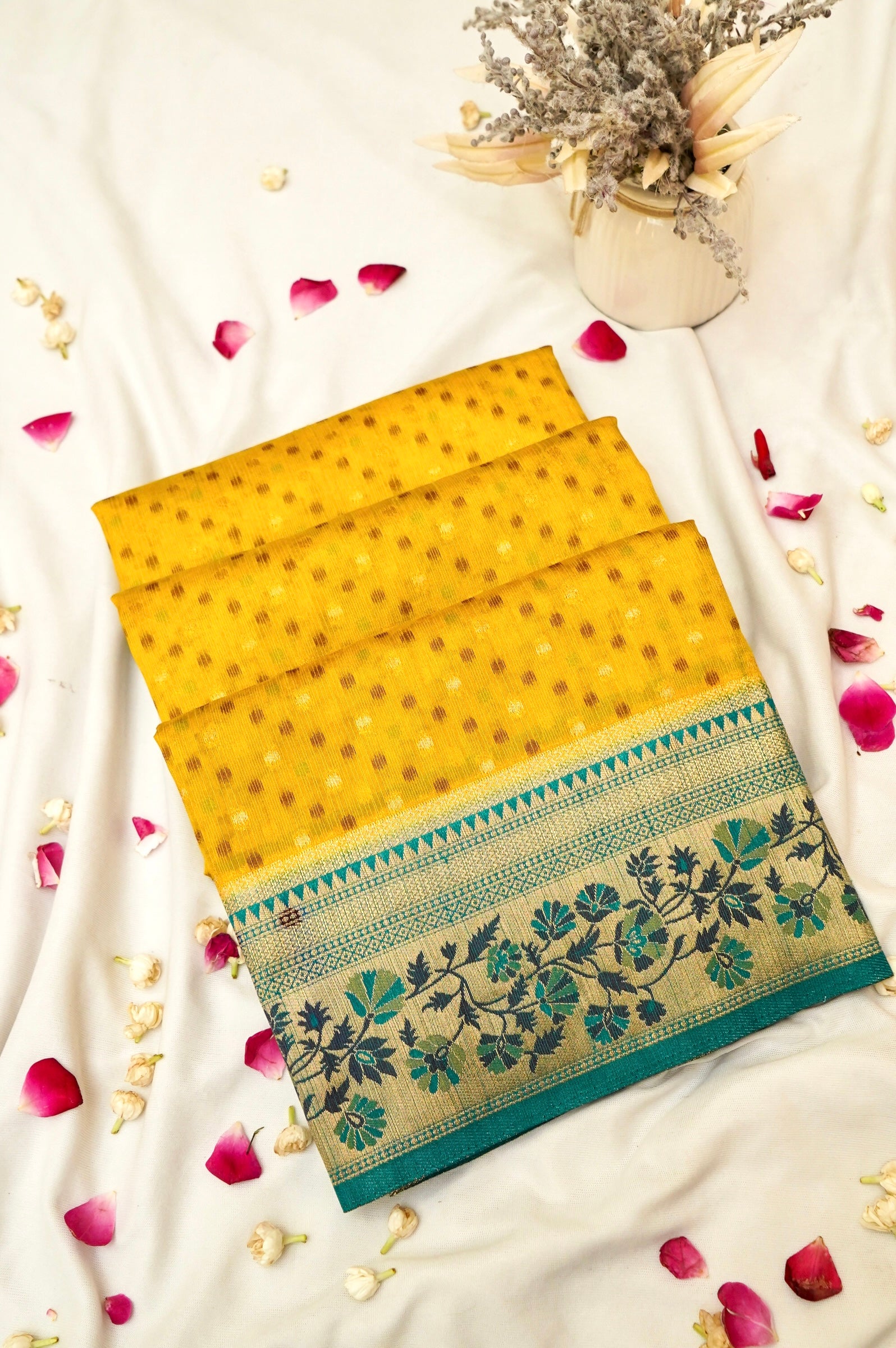 Golden Yellow Paithani Style Ikkat Patola Silk Saree with Stitched Blouse