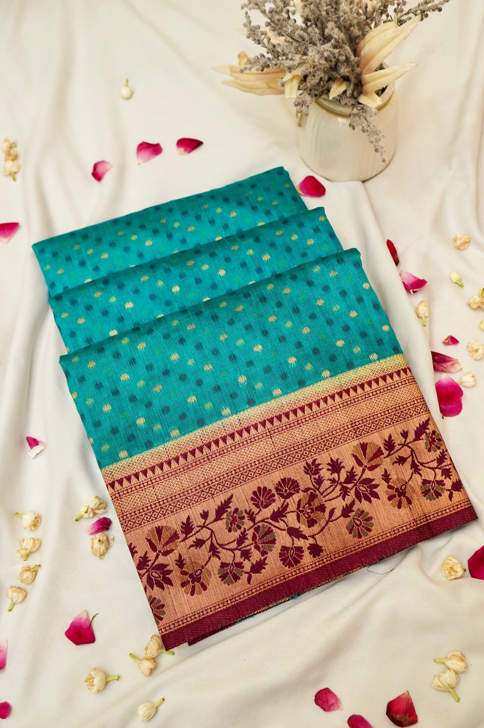 Teal Blue Paithani Style Ikkat Patola Silk Saree with Stitched Blouse