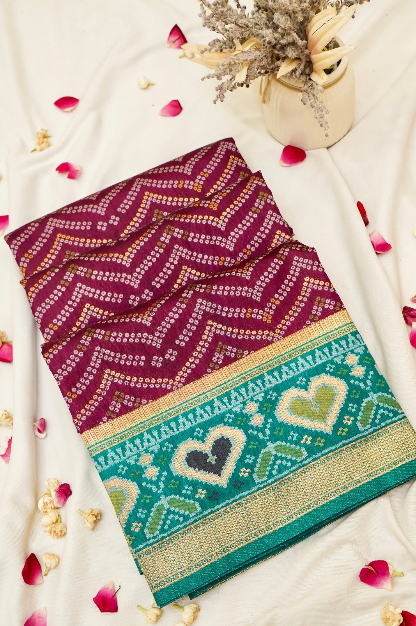 Wine Ikkat Patola Silk Saree with Teal Border and Stitched Blouse