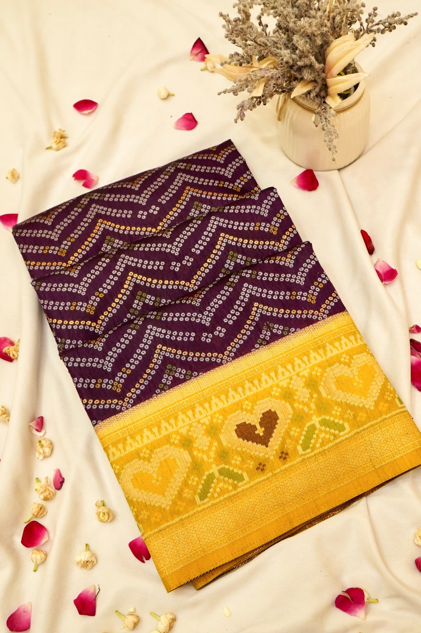 Deep Plum Ikkat Patola Silk Saree with Mustard Border and Stitched Blouse