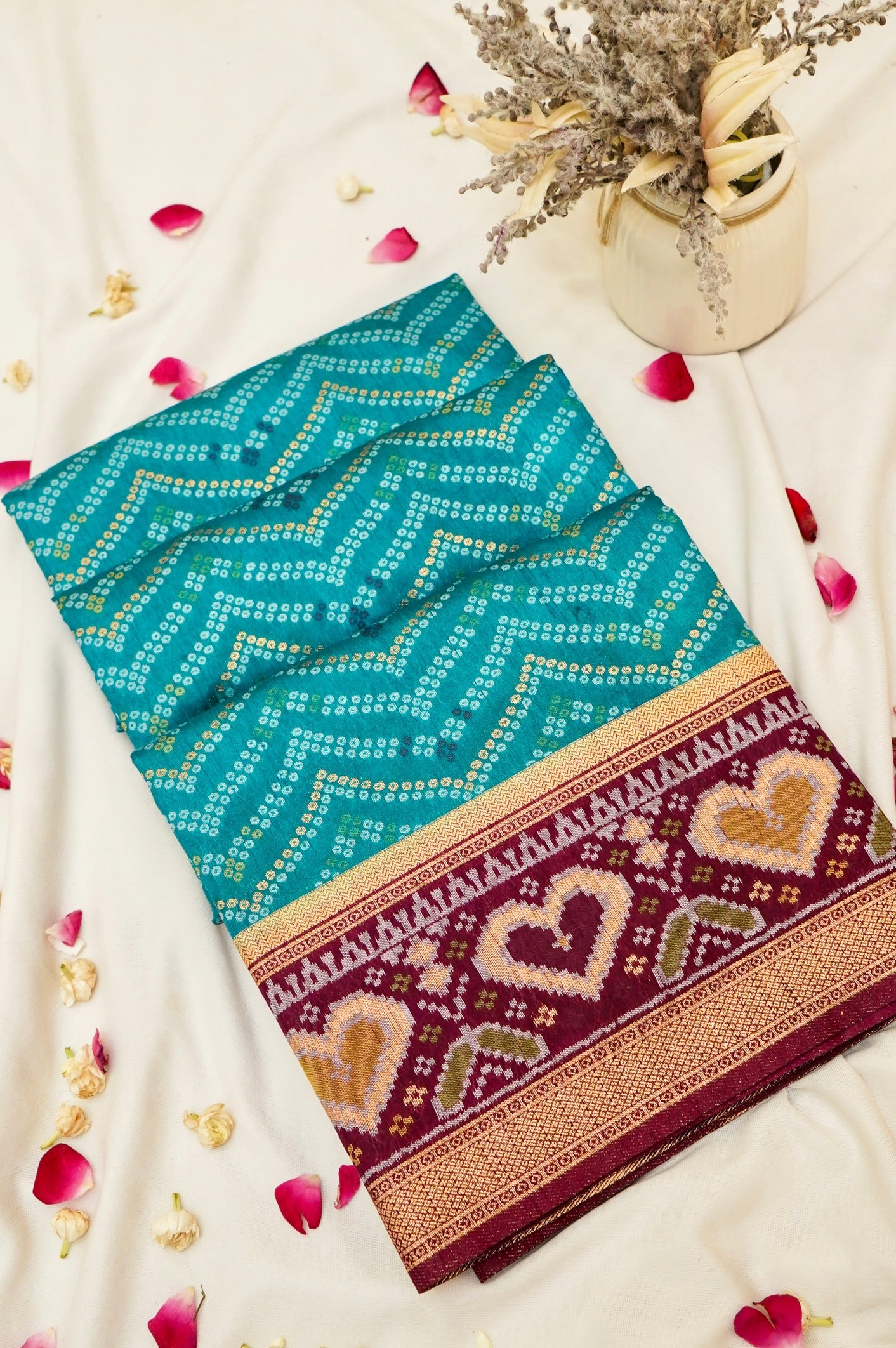 Turquoise Blue Ikkat Patola Silk Saree with Wine Border and Stitched Blouse
